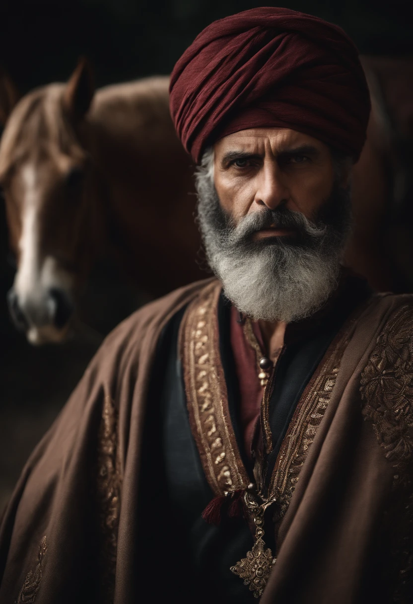 an ottoman pasha has a big turban on his head the color of the turban is white and burgundy very realistic on his horse like a real photograph he has an ottoman sword in his hand angry looking eyes an imposing stance very realistic he is wearing a thick ottoman caftan on his photo very realistic like a scene from a movie he has a long muslim beard dark auburn muscular man his muscles are big scary close-up facial features very distinct eyes and face very distinct caftan long very realistic very angry looking very angry very angry 60 years old