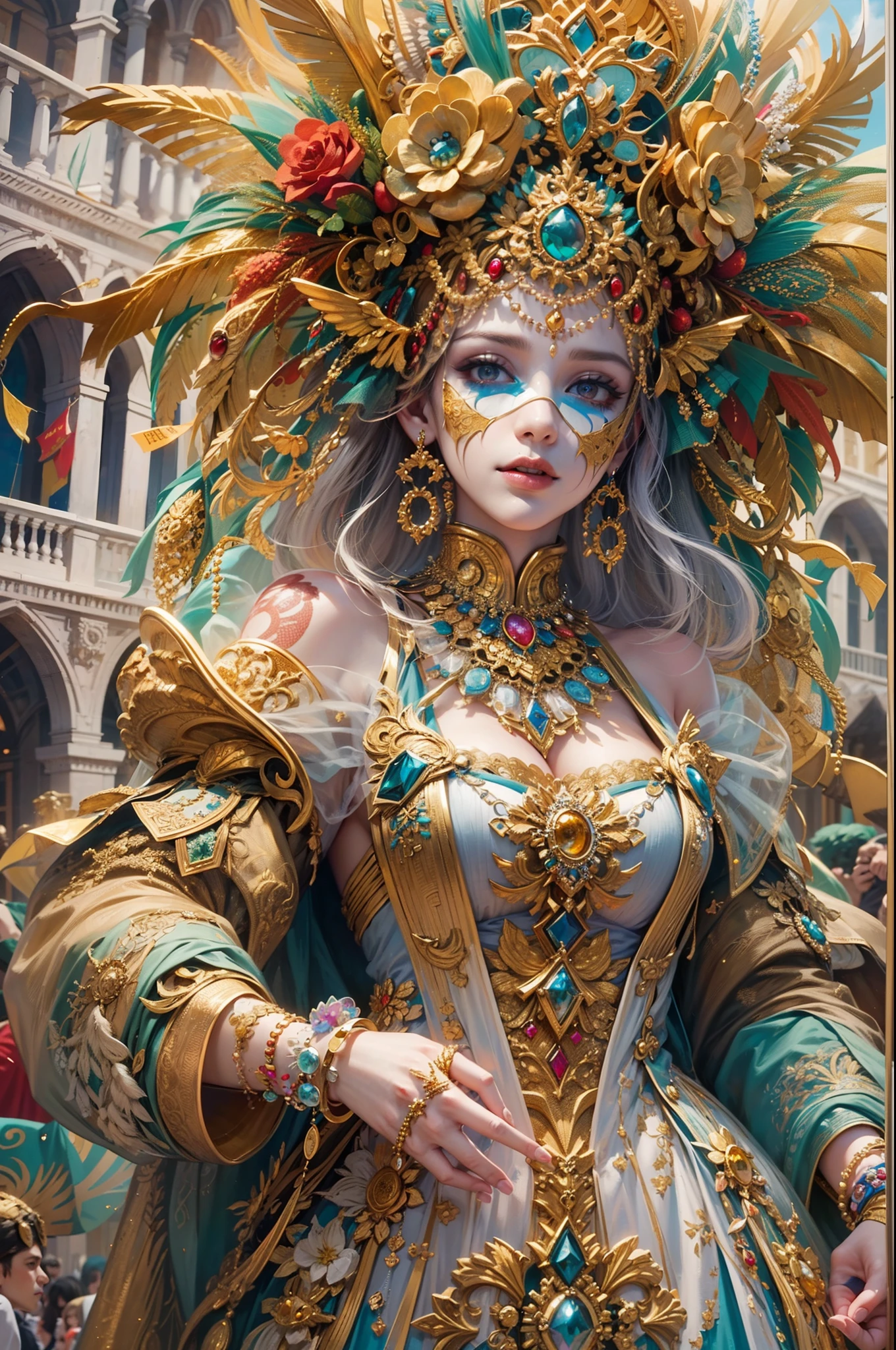 (Masterpiece, Best Quality, Hyperdetailed, Colorful), the enchanting world of the Venice Carnival. Envision a woman character elegantly dressed in a resplendent costume, a harmonious blend of colors, textures, and traditional Venetian motifs. Her white bauta mask conceals her identity, and she stands amidst a sea of similarly adorned carnival-goers. The scene is alive with the opulence and extravagance of the carnival, making it a feast for the eyes. Intricate details, high_res