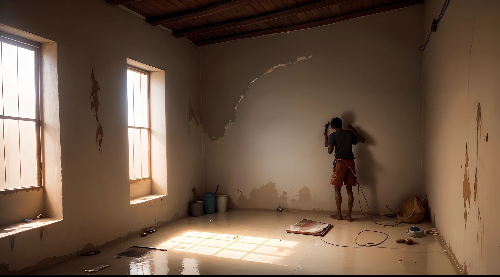 Full body, interior view, of a living room, a wall with traces of moisture, an African worker repainting the wall, traces of water on the floor.