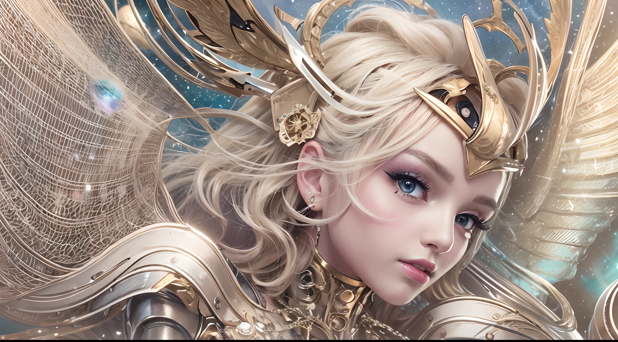 Metallic glossy robot joint thin metal wings,Real human skin,Charming eyes very detailed,Curly lips,Elegant smile,blonde beautiful,obi strip,nebula background
