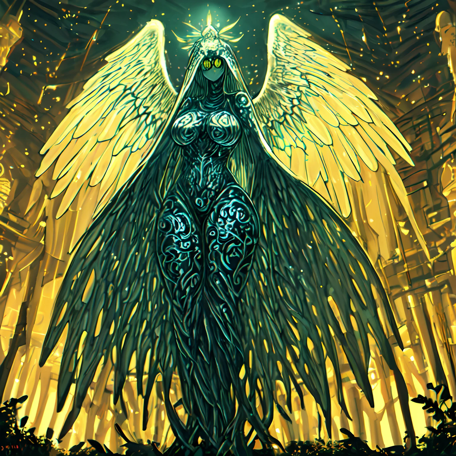 Biblically accurate terrifying Angel, ((body extremely covered with giant eyes)), glowing, giant wings, covered with eyes, in park, epic, detailed, intricate