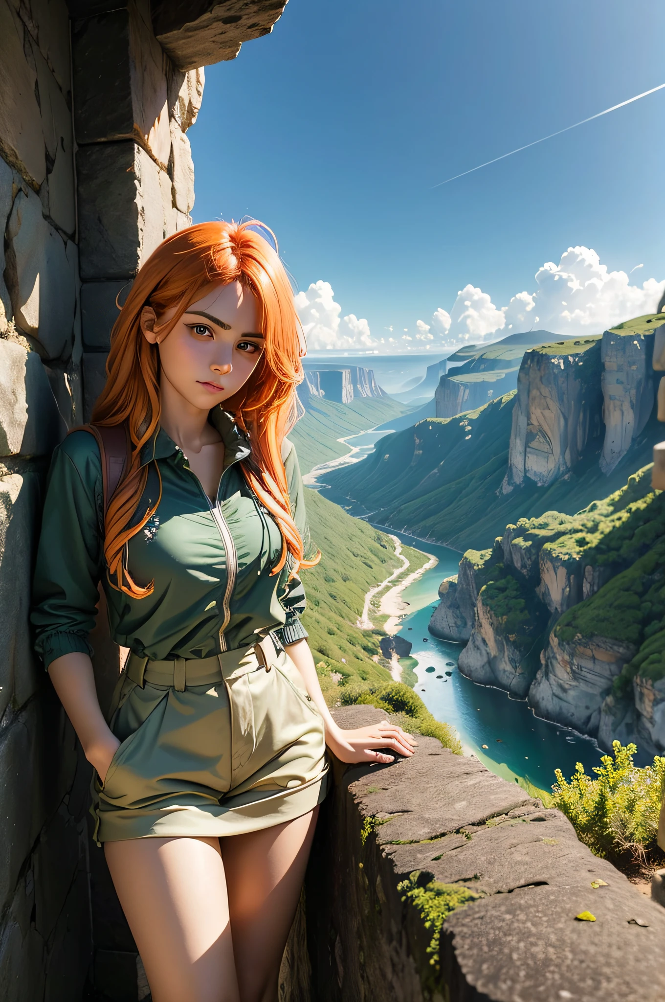 Generate an ultra-realistic image of Sophia Garcia, a 20-year-old Turkish woman with orange hair and brown eyes, dressed in a hiking outfit. Sophia is standing at the edge of a cliff, with a stunning view of lush trees below. Her expression is one of sarcastic anger as she looks directly at the camera., she is about to laugh The natural beauty of the cliffside surroundings should be depicted in detail, creating a striking and contrasting backdrop to her emotions. Emphasize the ultra-realistic quality of the image, aiming for a photograph-like level of detail.