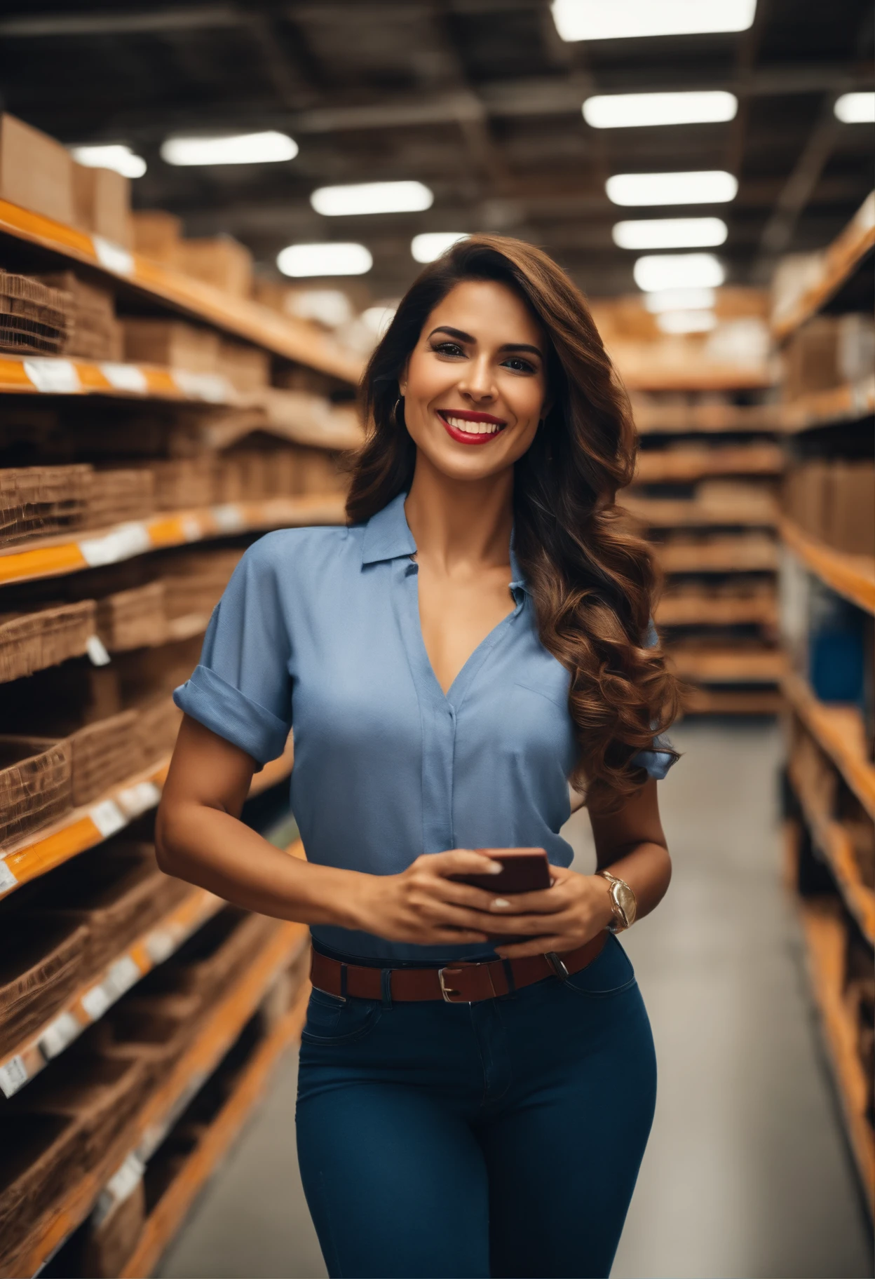 mulher sorridente com aparencia de 35 anos, Latin American appearance with a work outfit taking a selfie inside a building materials store in the floor section and resolution in full hd and realistic appearance to the image,