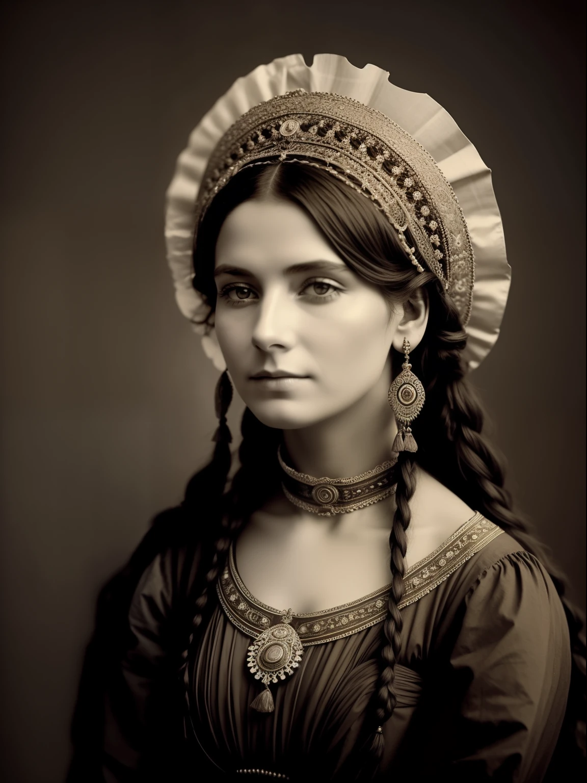 (Masterpiece) An insanely beautiful Victorian lady nomad with rich flowering headdress, vintage sepia photography, very old and torned photo