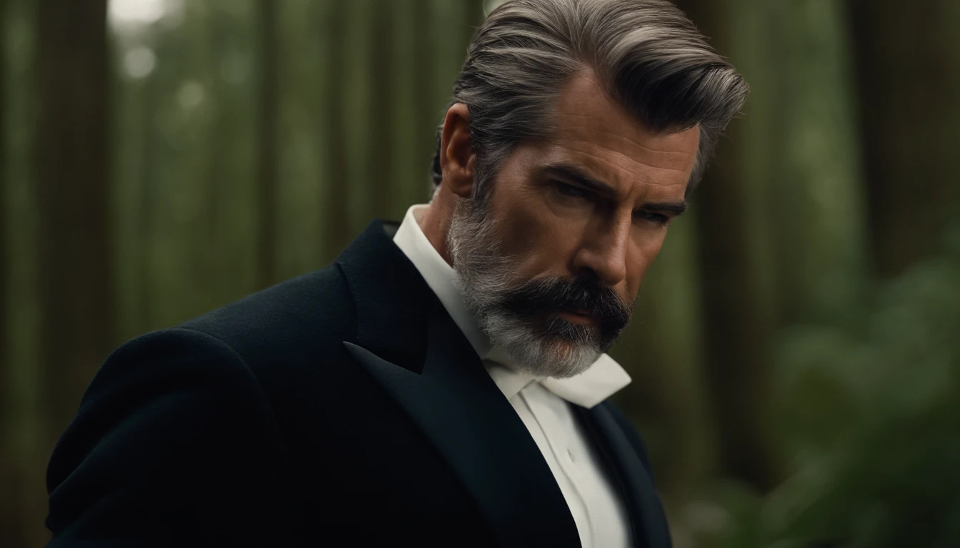 imagem de um homem com barba e terno em cima de uma pilha de ossos, inspirado em Pierce Brosnan como James Bond, rosto nitido e detalhado, bonito, homem bonito, homem de cabelos grisalhos escuros, inspired by Józef Brandt, ele tem barba e cabelos grisalhos, serious look, homem atraente, Retrato tirado 8 K, Homem de 5 0 anos, inspirado em George Lucas