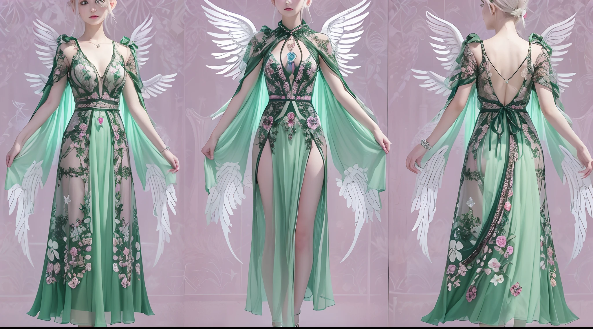 Transparent purple floral pattern maxi dress,Soft natural light,cinematric light,Sideslit,neon light detail,Realistic shadows,elvish ears,Light wind,Temptation star pupil crystal pendant detail,Skysky,angel wing