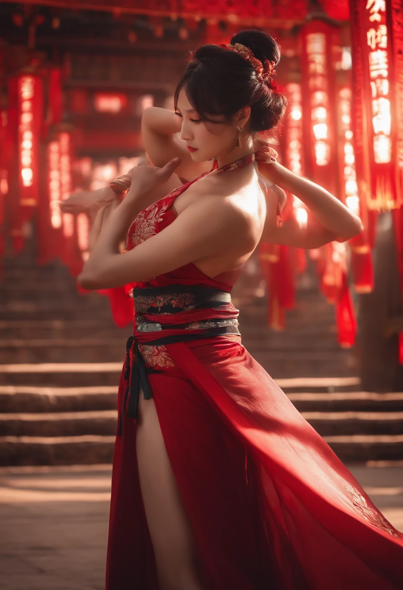 Yowane Haku, chinese dress, muscle, beauty, lights, wind, red eyes, full body