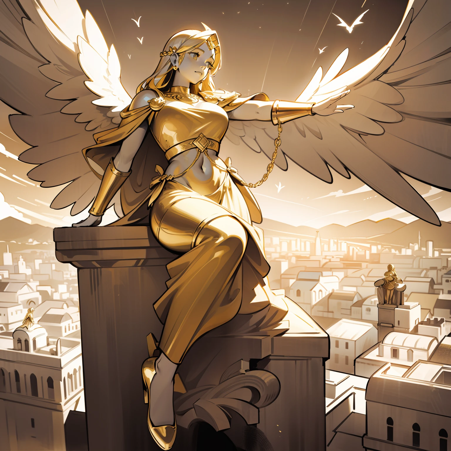 a greek goddess, monochrome, gold and white, giant, huge, overlooking city like a statue