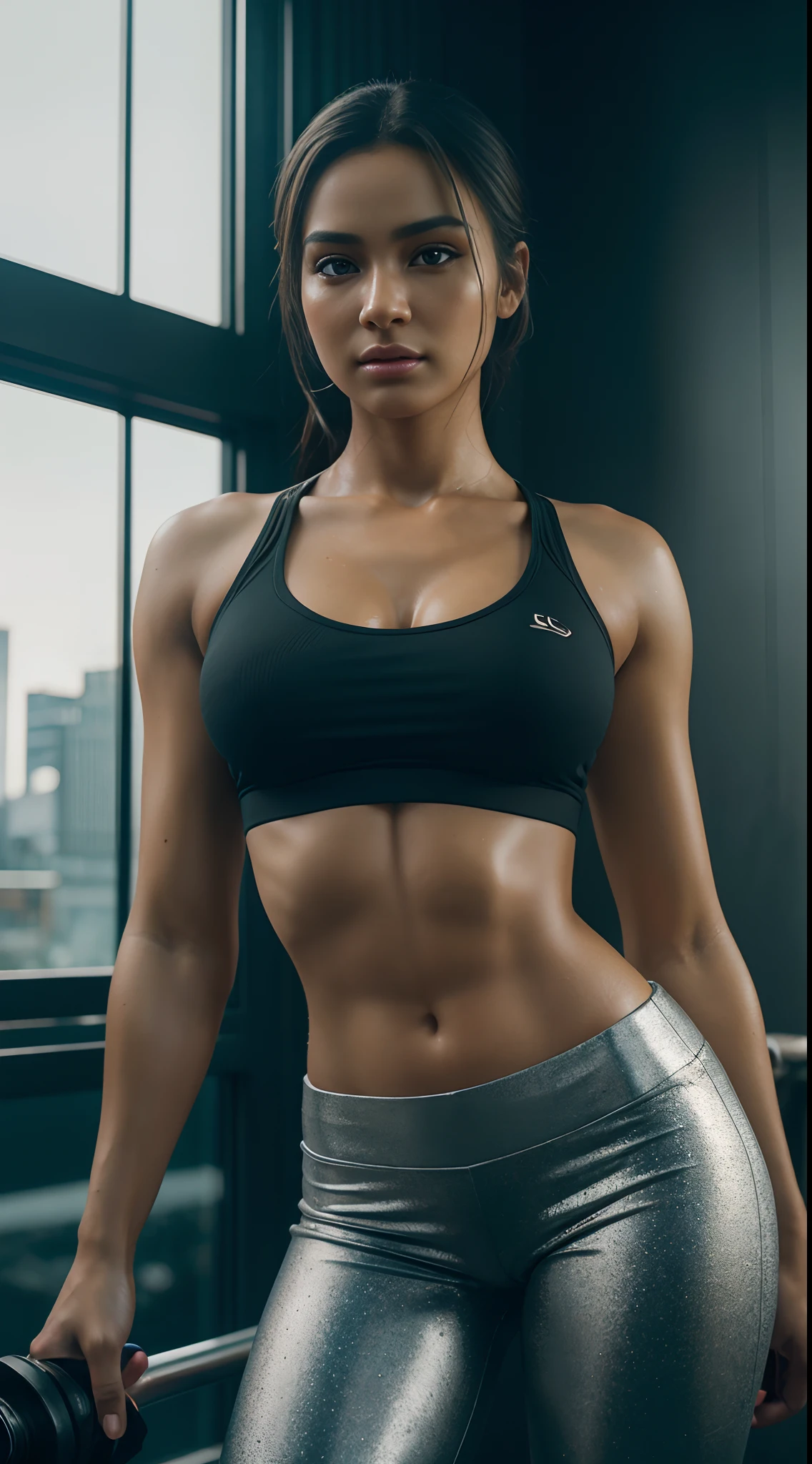 Foto RAW, sweat, shining skin, Looks like Maud Adams, ( Lara Croft on duty, A cinematic scene, she's in action, Lara croft, tomb raider, her hair is straight and modern ) short hair, tomb raider, face can be seen clearly, beautiful Lady, Cop Lady, healthy physique, thick and healthy figure, Strong muscular woman, Full body Closeup, Closeup shot, mastershot, upper body close up, Protruding crotch, 8K, hyper HD, high quality, foco nítido, Perfect body proportions, Photorealsitic,(pele altamente detalhada: 1.2), 8k UHD, DSLR, soft-lighting, alta qualidade, grain of film, Fujifilm XT3