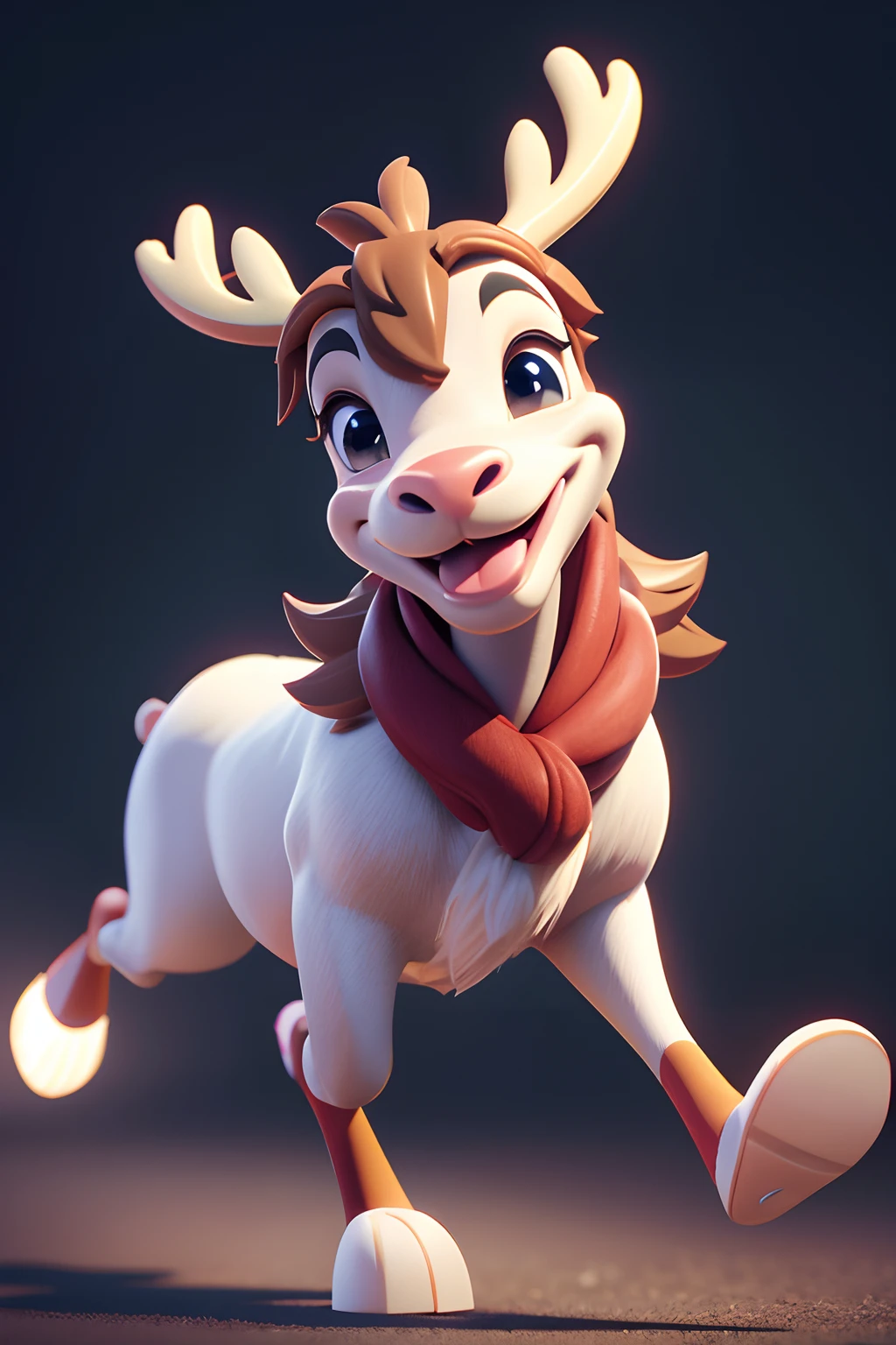 funny 3D Disney cartoon. Walking and smiling funny 4 reindeer. a closeup of a. studio lightning. blurred background.