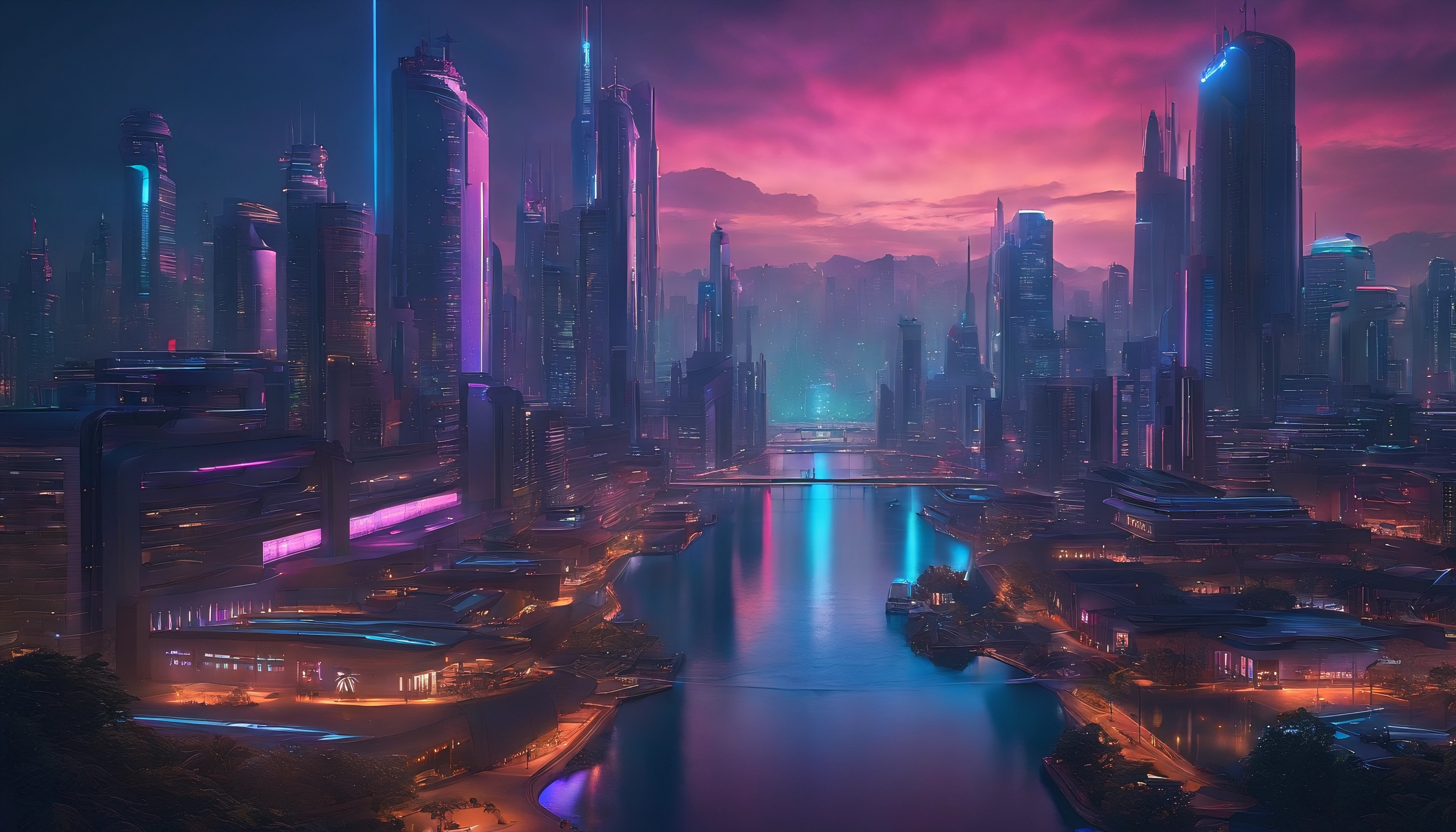 (obra prima) cidade no estilo cyberpunk, illuminated sky, neon light, imagem vista do zero, paisagem ampla, cidade futurista