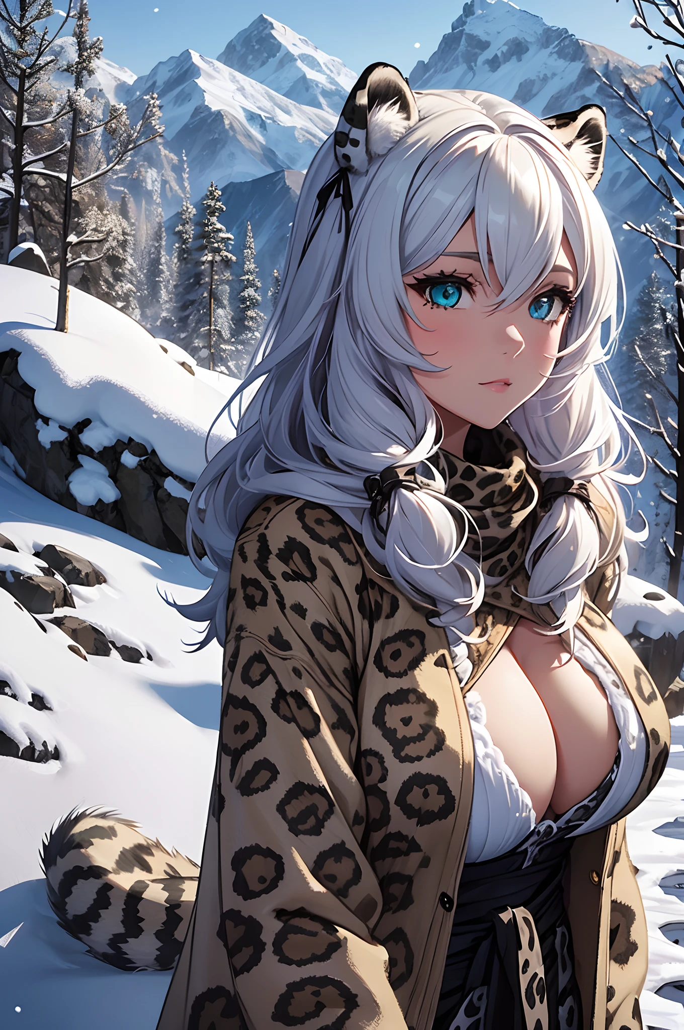 girl, woman, big breasts, fluffy coat jacket, snow leopard print, ((snow leopard)), animal ears, animal tail, leopard ears, leopard tail, hiking at the top of a very snowy mountain, ultra detailed, cute, snowed trees, copos de nieve, snow, winter, winter clothing, invernal