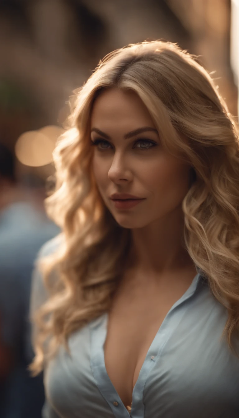 professional, (4k photo:1.1) by (Jeremy Lipking:0.3), (Dittmann Anna:0.3), (Arian Mark:0.3), (Sharp focus:1.3), high detail, wearing (lowcut shirt:1.2), party, beautiful detailed face, hazel eyes, long blonde hair, (attractive young woman:1.3), (seductive:1.1), (blushing:1.1), hourglass body shape, large round perky breasts, wide thicc hips, in new york city