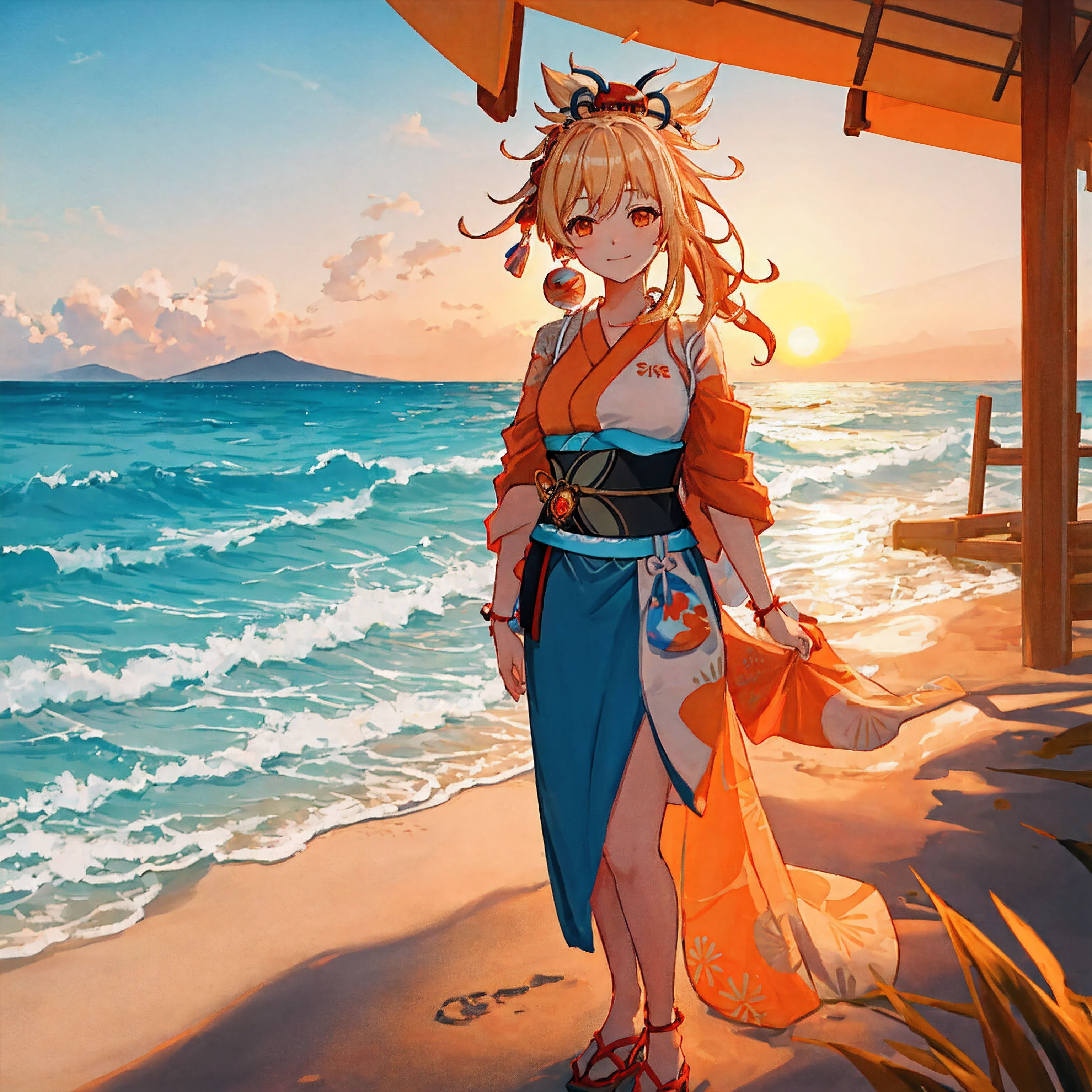Describe a serene scene at the beach featuring Yoimiya from Genshin Impact. She stands on the sandy shore, her vibrant kimono replaced by a stylish beach outfit. The golden sands stretch out before her, and the gentle waves of the ocean lap at her feet. Yoimiya looks out at the horizon, a content smile on her face, as the sun sets in a blaze of colors, casting a warm glow over the tranquil scene. Write about the atmosphere, her emotions, and any details that capture the essence of this moment