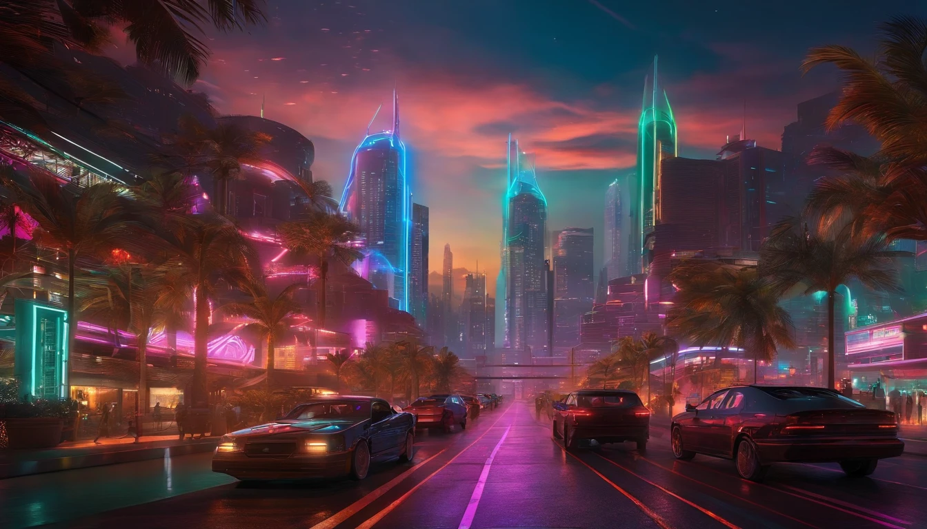 (obra prima) cidade no estilo cyberpunk, illuminated sky, neon light, imagem vista do zero, paisagem ampla, cidade futurista