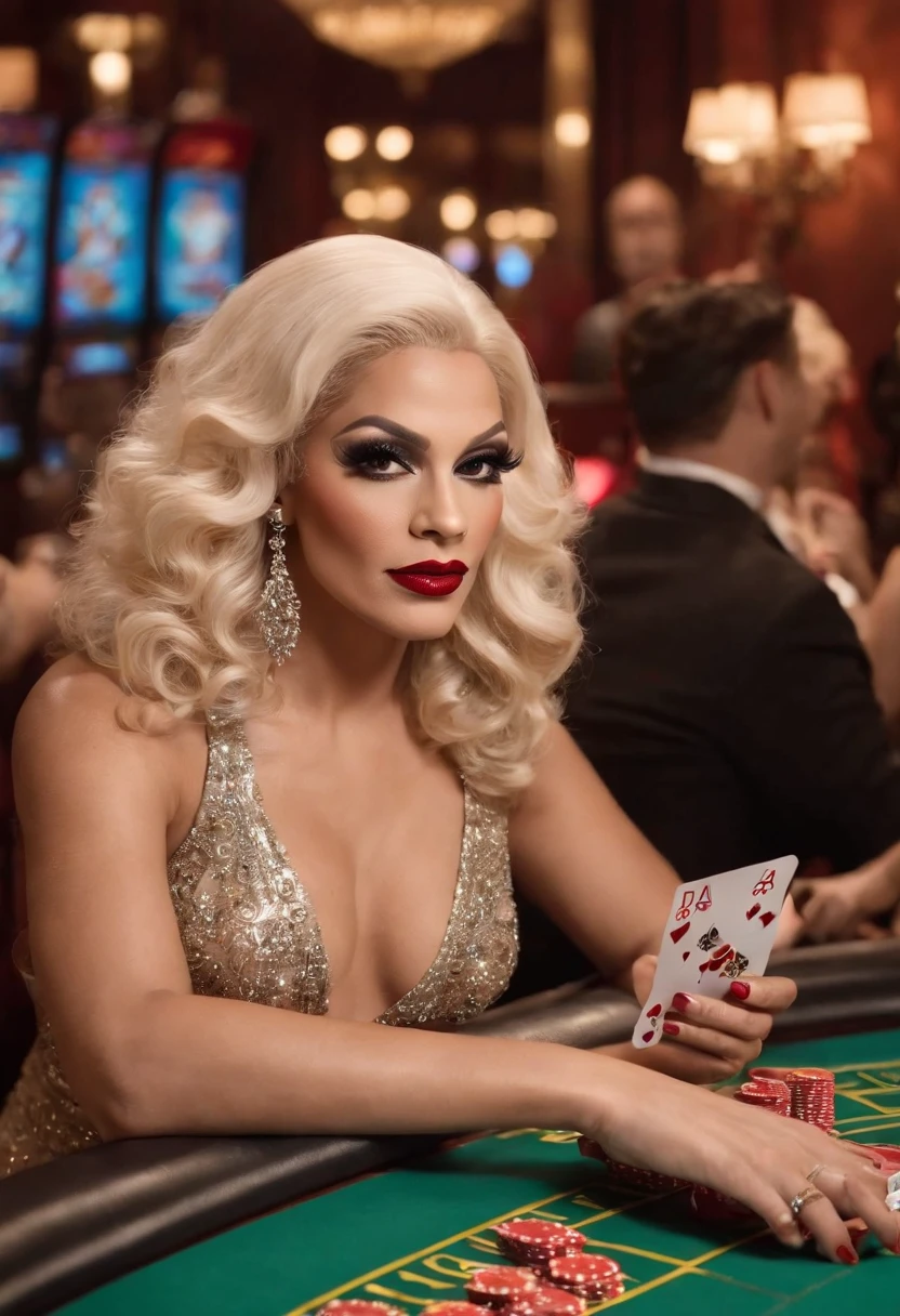 title: "Vida Luxuosa nas Cartas: A Drag Queen Dealer"

description: Crie uma arte que retrate uma cena vibrante e glamorosa em um cassino. No centro da imagem, uma deslumbrante drag queen, totalmente caracterizada com um look extravagante, is sitting behind a casino table, pronta para embaralhar as cartas. Ela usa um vestido longo e brilhante, com penas e lantejoulas coloridas, along with a lush wig and flawless makeup.

Ao redor da mesa, Players are delighted with the presence of the drag queen dealer, vestidos elegantemente e segurando fichas de cassino. Their expressions reveal a mixture of excitement and admiration, enquanto desfrutam da atmosfera glamorosa do local.

No fundo, The bright and flashy lights of the casino blend with the brightness of the slot machines and gaming tables. A arte deve capturar a energia vibrante e o senso de empoderamento que uma drag queen transmite, while maintaining the sophisticated and luxurious atmosphere of a casino.

Feel free to add additional elements, as elegant cocktails, notas de dinheiro voando pelo ar, or even a sign indicating the name of the casino. Show off the fun, o glamour e a magia que essa drag queen dealer traz ao mundo dos jogos de azar.