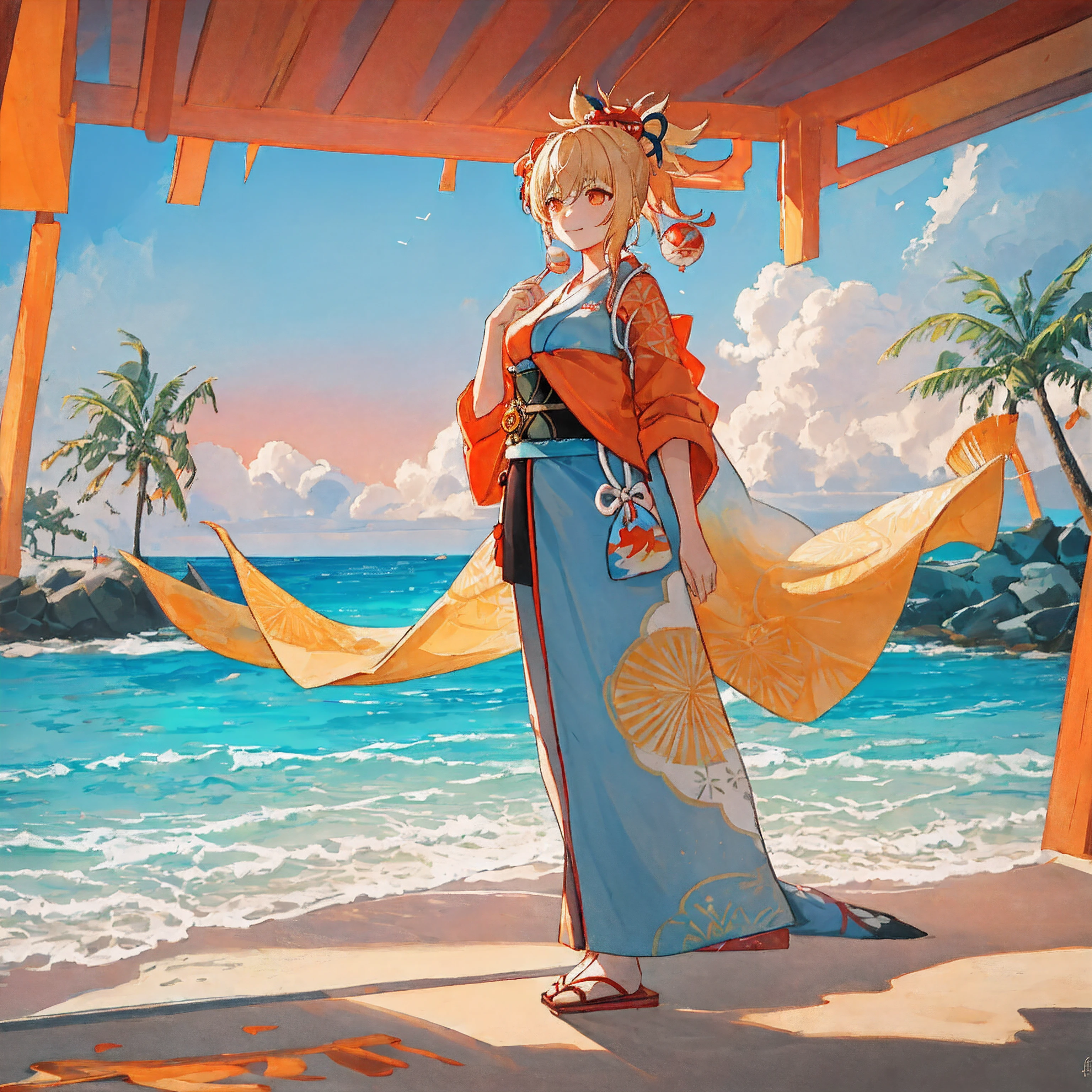 Describe a serene scene at the beach featuring Yoimiya from Genshin Impact. She stands on the sandy shore, her vibrant kimono replaced by a stylish beach outfit. The golden sands stretch out before her, and the gentle waves of the ocean lap at her feet. Yoimiya looks out at the horizon, a content smile on her face, as the sun sets in a blaze of colors, casting a warm glow over the tranquil scene. Write about the atmosphere, her emotions, and any details that capture the essence of this moment