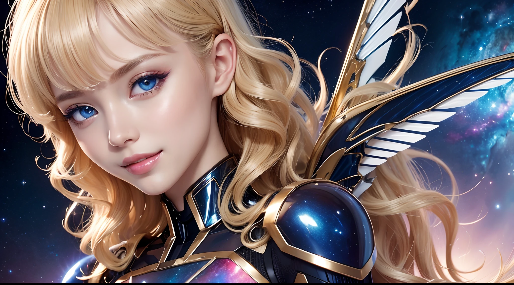 Metallic glossy robot articulated thin metal wings,Real human skin,Charming eyes very detailed,Curly lips,Elegant smile,blonde beautiful,obi strip,nebula background
