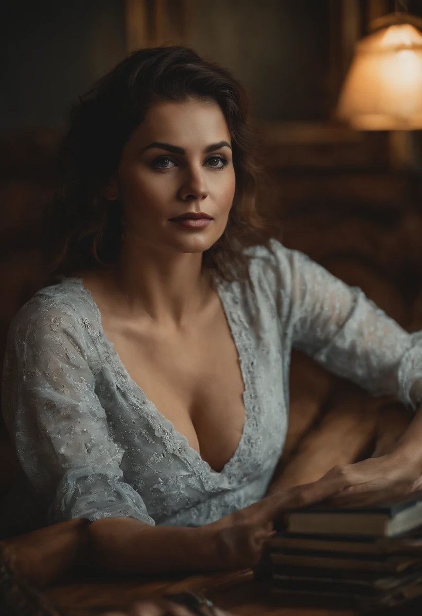 Vista de cima, mulher sentada lendo um livro, downblouse, nipslip, decote, cleavage, blusa aberta, blusa folgada