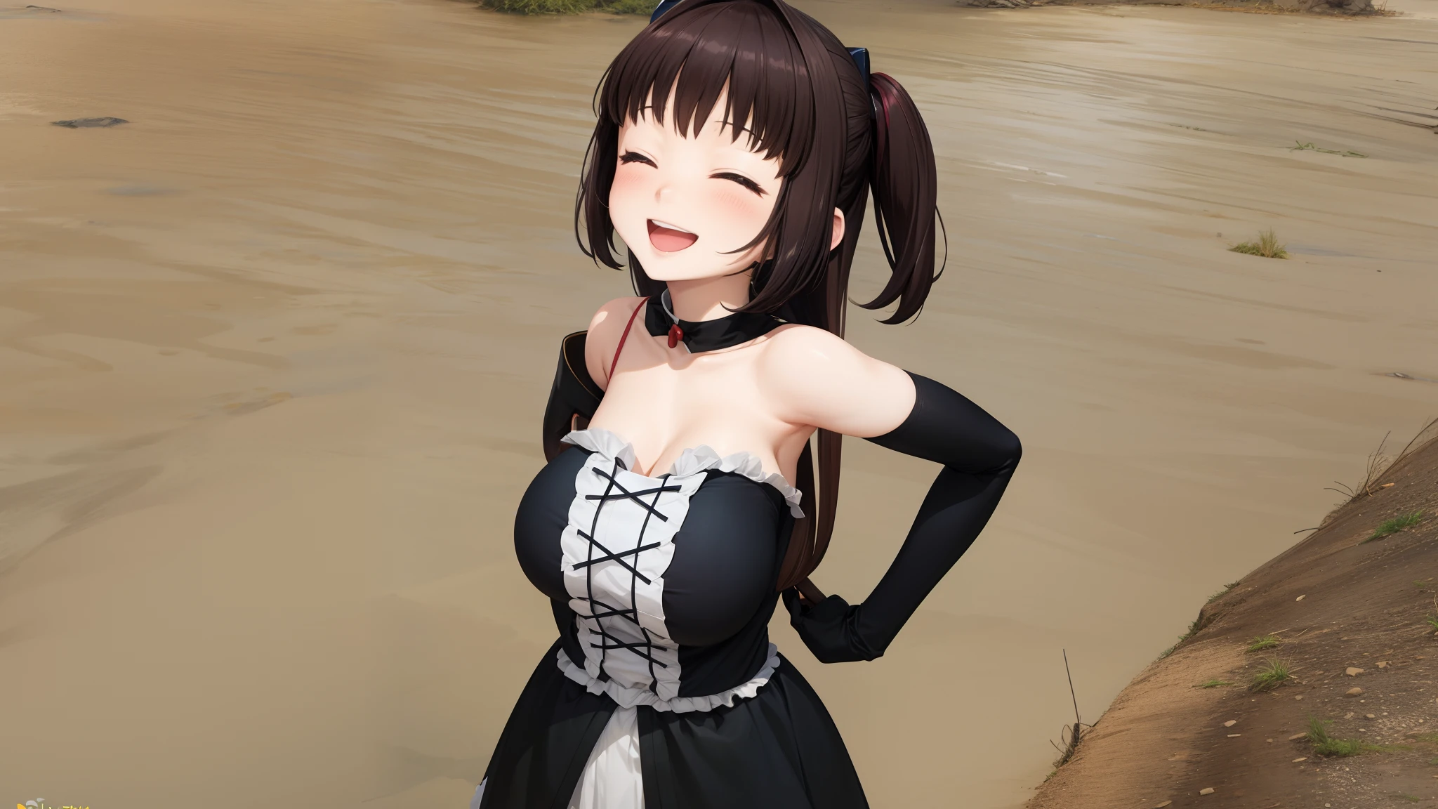 an anime girl、huge tit、Laughing