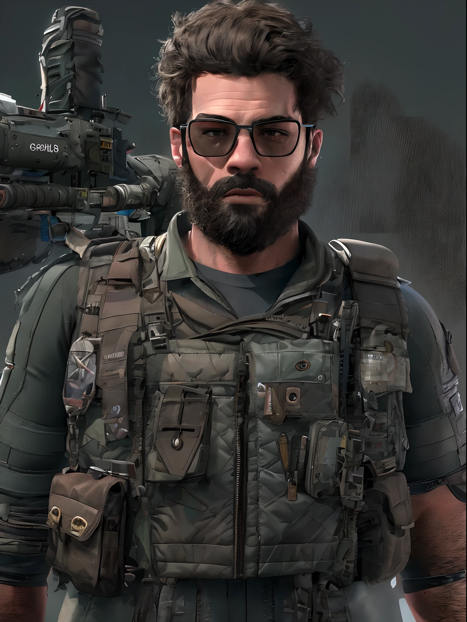 32k UHD (Gross Film Art) de Alto Detalhe ((parte superior do corpo)) uma pintura de 1homem, sozinho, beard and spiked headglasses, inspirado em Resident Evil, vestido como CSGO;, Contra-ataque: OFENSIVA GLOBAL, Costumes and accessories. Esta obra-prima deve ser renderizada em 3D com qualidade excepcional, Achieving an 8K resolution and emphasizing intricate detail, must be in a hero's pose, segurando uma granada, and wearing a military vest and glasses with minute detail. Image composition should be centered, highlighting the character's expression and wealth of detail. Adicionalmente, Consider creating this art as high-resolution art (8k) illustration suitable for Telegram stickers, mantendo os requisitos de design do Telegram em mente. This stunning depiction of a Resident Evil male in a cinematic style will meet the highest standards of quality and detail ((Pivalora))