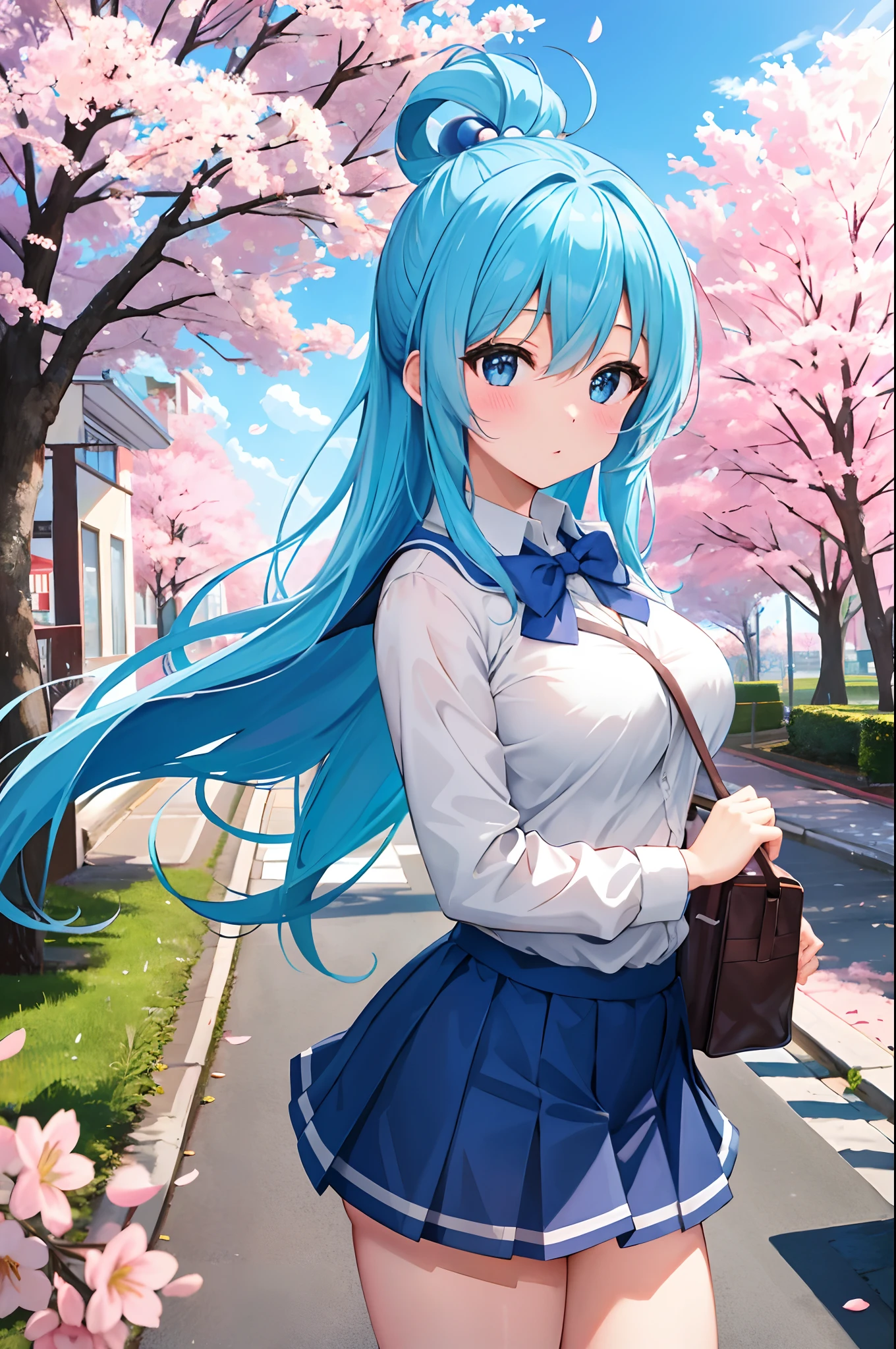 masterpiece, best quality, high resolution, extremely detailed, detailed background, cinematic lighting, 1girl_aqua_konosuba, beautiful, medium breasts, school uniform, skirt, public indecency, looking at the viewer, blue eyes, long blue hair, buildings, outdoors, cherry blossoms, bokeh.