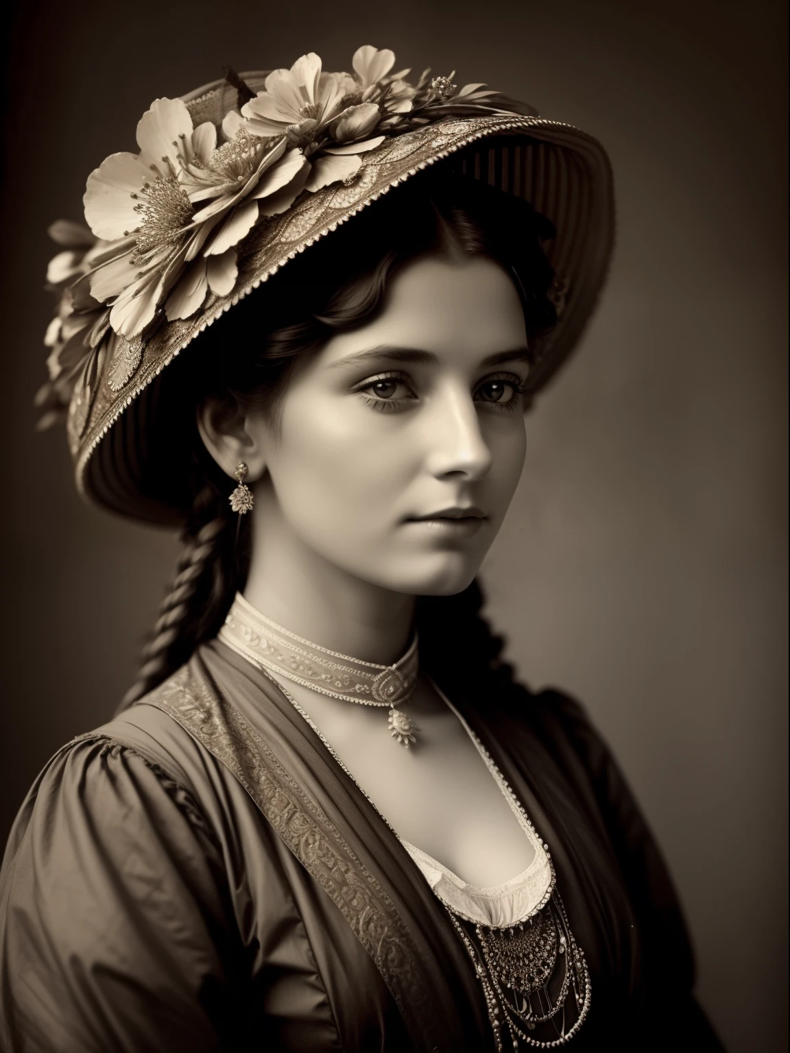 (Masterpiece) An insanely beautiful Victorian lady nomad with rich flowering headdress, vintage sepia photography, very old and torned photo