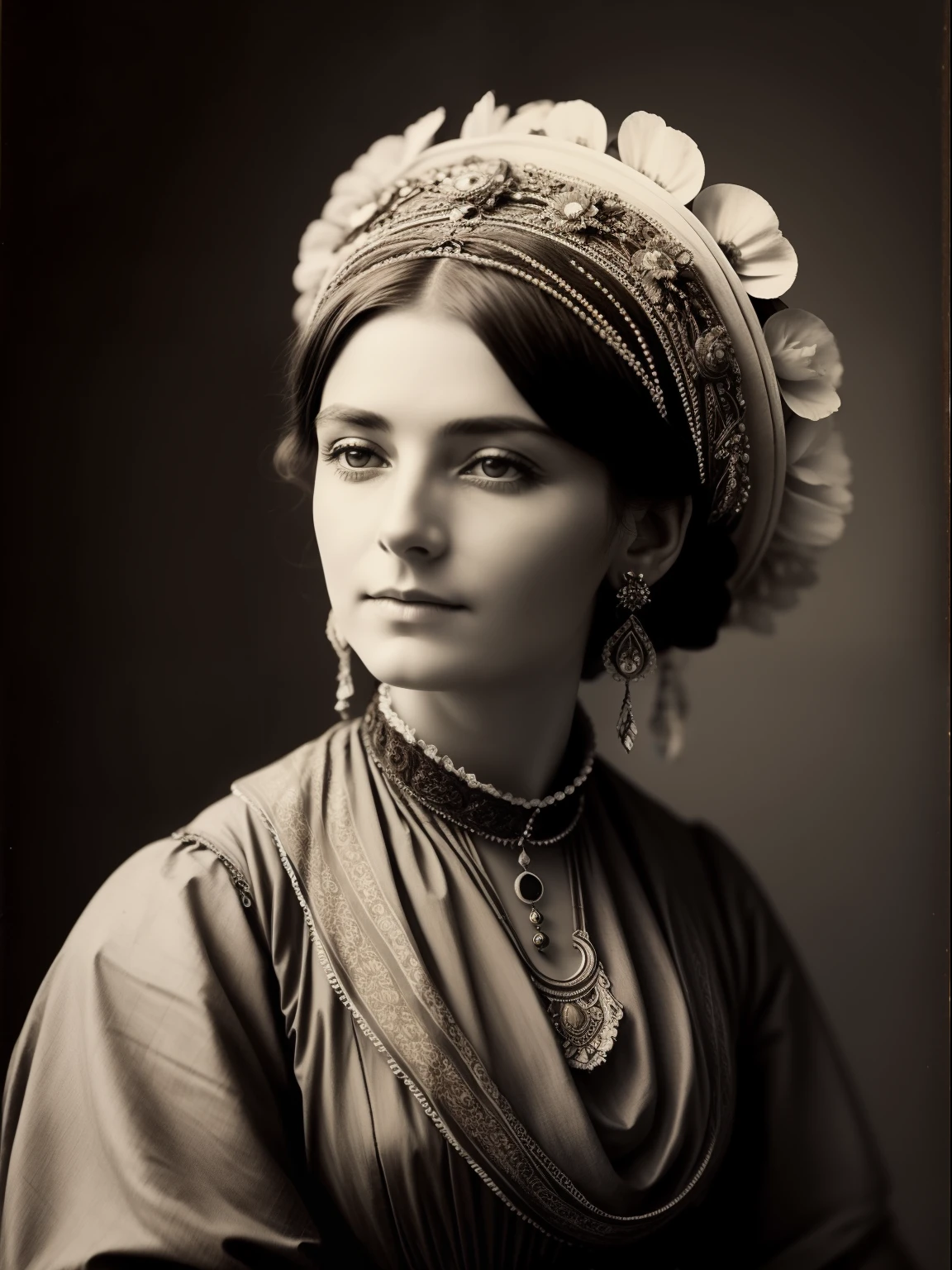 (Masterpiece) An insanely beautiful Victorian lady nomad with rich flowering headdress, vintage sepia photography, very old and torned photo