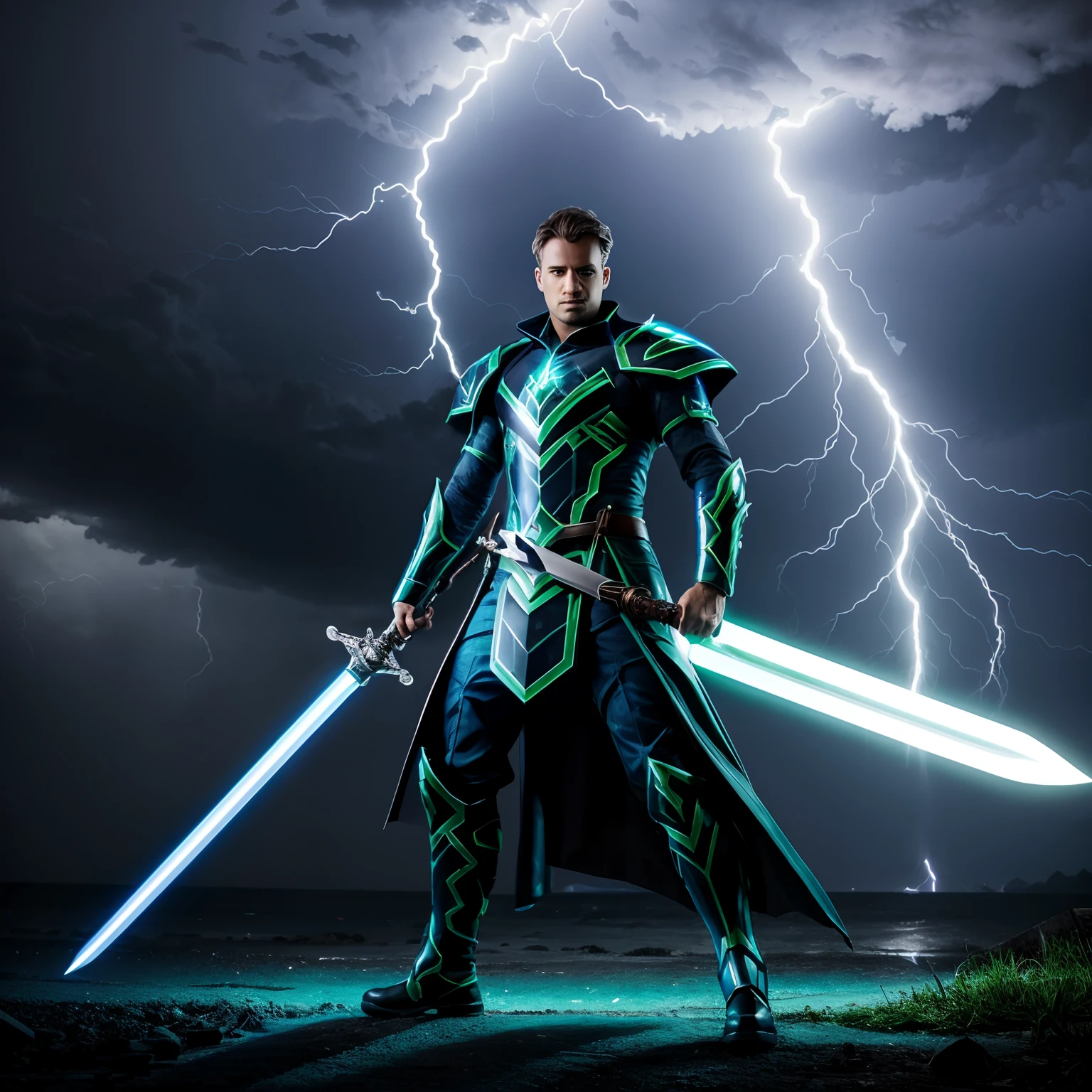 An electric sword in the middle of the storm, green and blue light colors