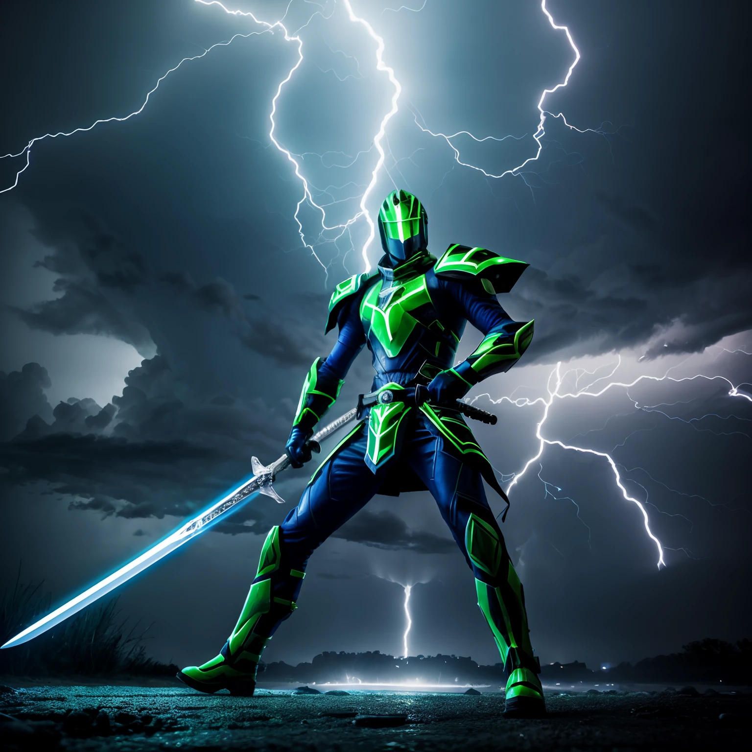 An electric sword in the middle of the storm, green and blue light colors