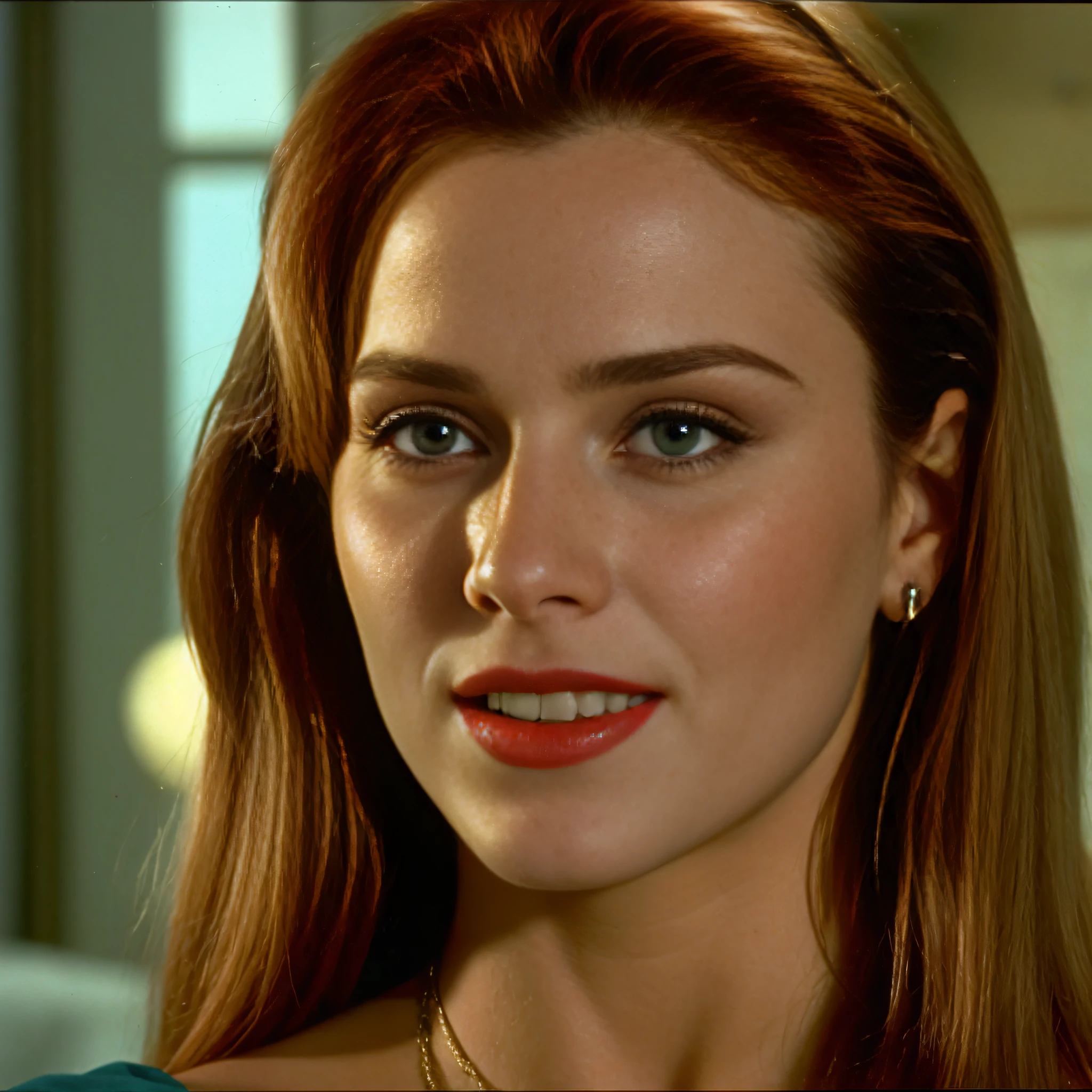 Mulher loira com um sorriso no rosto em um quarto, in the movie hard target (1993), sil from species, Fechar cena, inspired by Károly Lotz, close up head shot, Rosto de alta fidelidade, VHS ScreenCap, 1992, 1 9 9 2, cena do filme close up, 1993