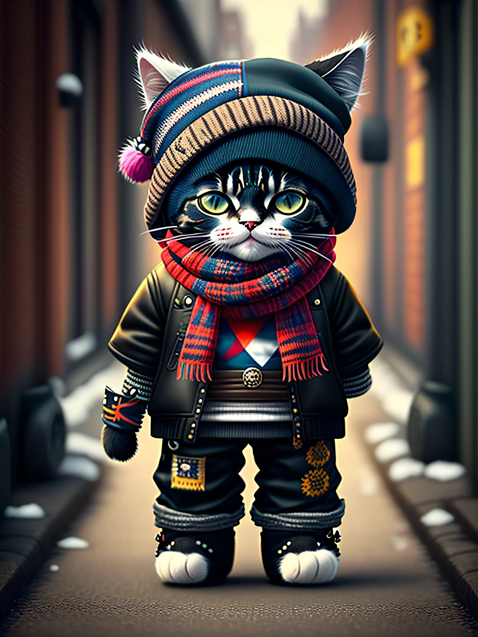 picture of a cat in a hat and scarf, art station trend, dressed in punk clothes, hyper realistic detailed rendering, british gang member, urban style, intimidating pose, planet of cats, fashion clothes, urban samurai, meow, west slavic traits, 8 1 5