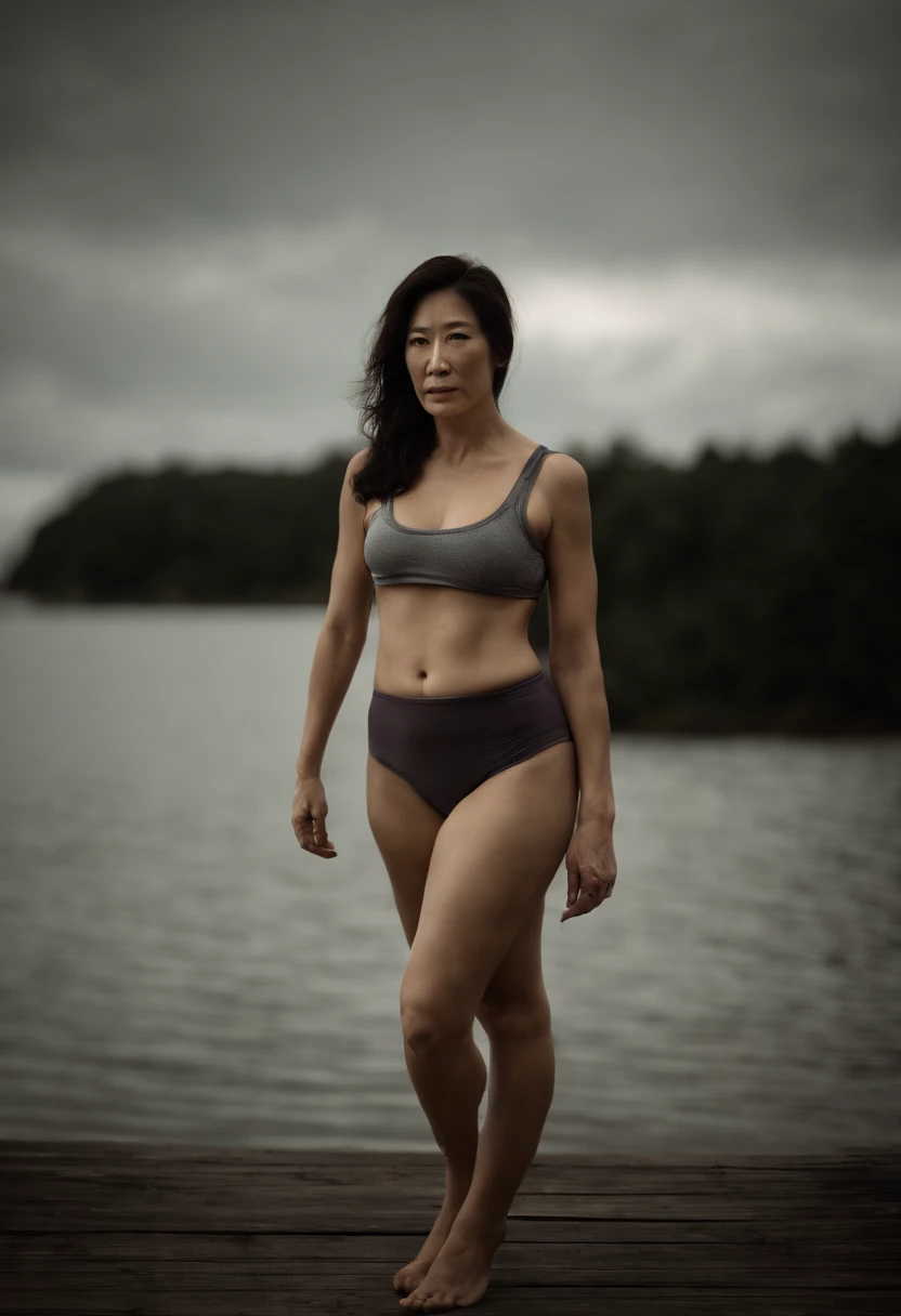 ((( Raw photo , high quality photograph : 2.99, insanely detailed skin surface :2.98, photograph of a hot 39 years old hot japanese woman, wearing a gym tank top and a pantie ))) ((( cute face, masterpiece, medium breasts, Full body portrait, sexy posture、masterpiece)、RAW Color Photo Professional Photo、hentai realism, seductive expression ))) :( mature woman, no makeup :1.99 , she is standing on a lake, dark weather background , tall woman: 1.98 ,hot sexy woman, gorgeous face ) [ (( 45 years old hot woman :1.95 ),full body, her entire sexualized body is shown in the photograph,(( Sharp and detailed, Kodak 200T, dramatic lighting, global illumination , Clear facial features , low contrast : 1.99, 16-35mm lens, f/1.8, naturalistic , candid, uplight, Ilford film stock --ar 16:9 --q 2 --v 5, Create ultra-detailed images textures, capturing every detail with precision ))