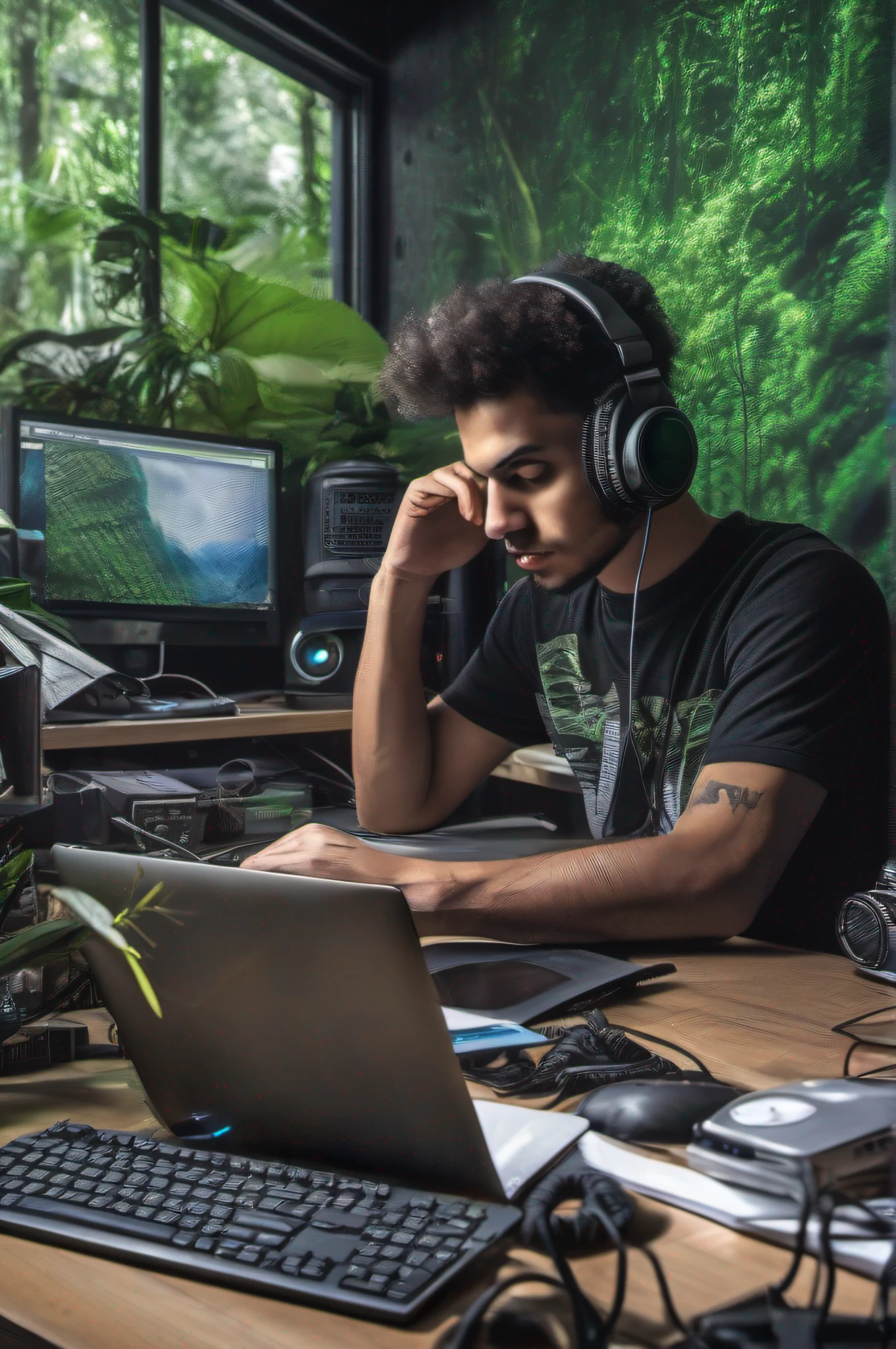 Young Brazilian man 30 years old, computer hacker, computer on the table, hacker boy at the computer, small room, Amazon rainforest, headphones, high definition details, dense atmosphere