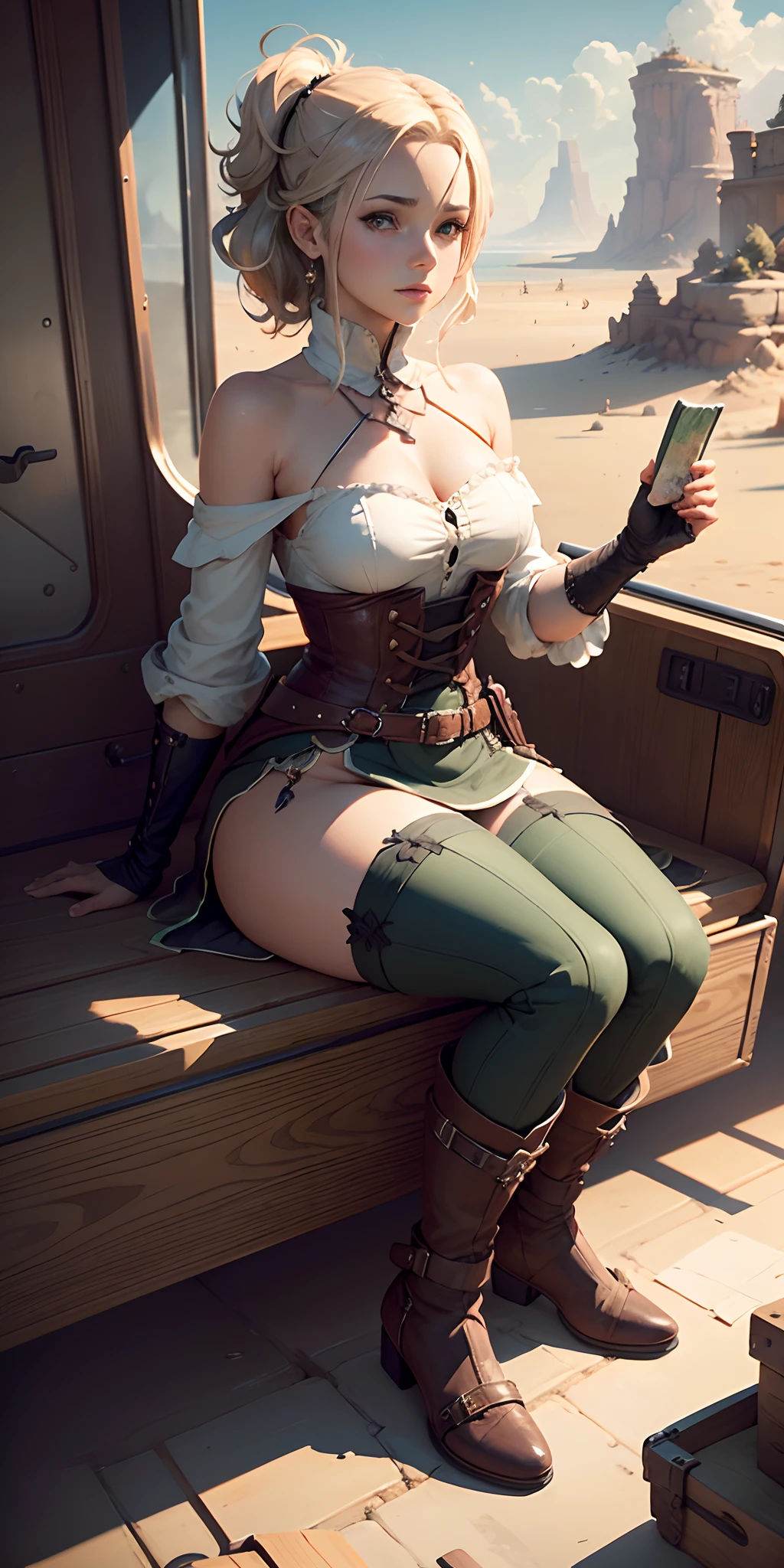 (Pintura de uma garota nua nsfw, sitting in a truck without a bonnet) com um monte de coisas sobre ele, viajando pelo deserto, brian kesinger, Art not Guweiz style, Directed by: Yoshihiko Wada, Akihiko Yoshida", a beautiful artwork illustration, Jean-Sebastien Rossbach, Guweiz, Directed by: Justino Geraldo, Boris Valejo. Octopath Viajante, illustration concept art