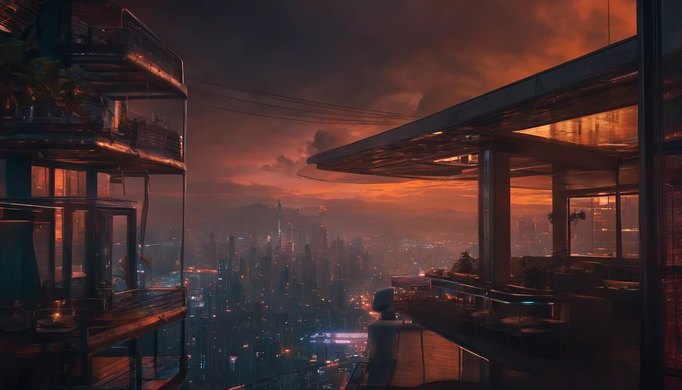 (obra prima) cidade no estilo cyberpunk, illuminated sky, neon light, imagem vista do zero, paisagem ampla, cidade futurista