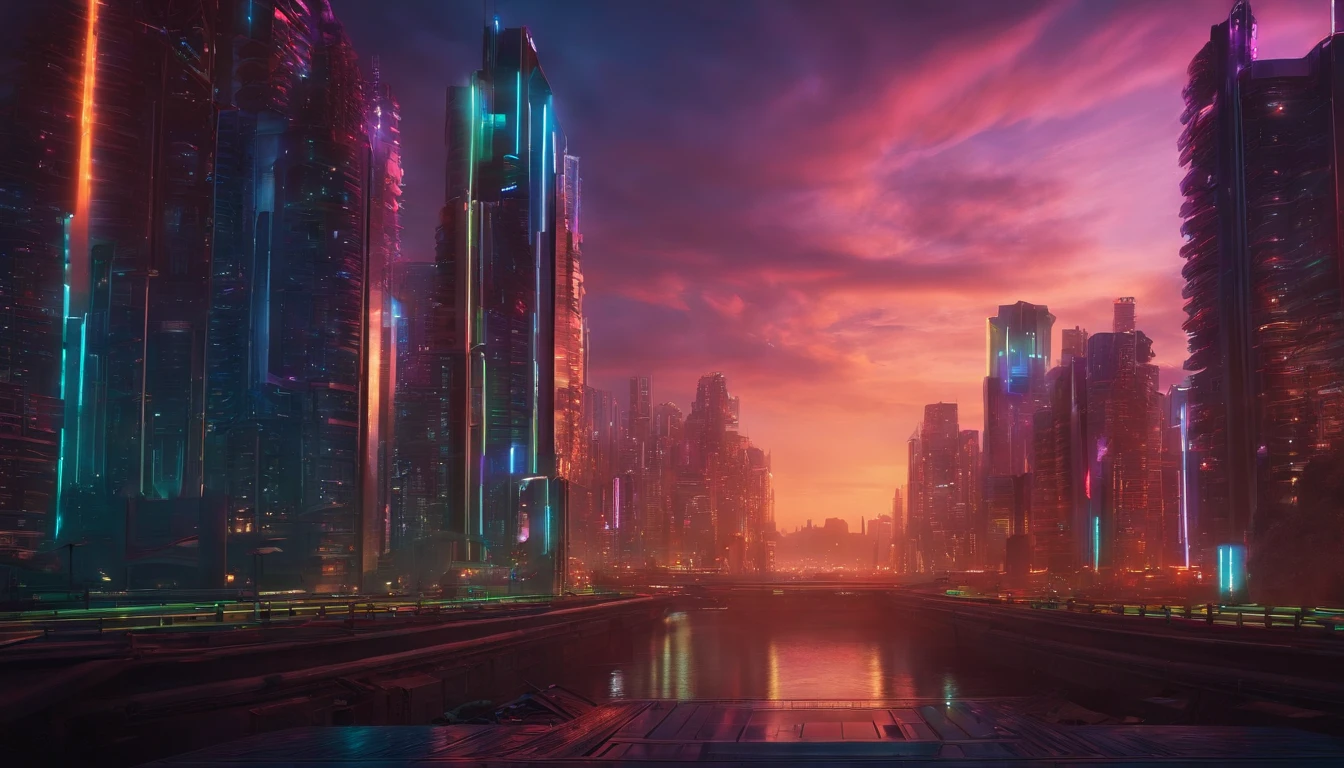 (obra prima) cidade no estilo cyberpunk, illuminated sky, neon light, imagem vista do zero, paisagem ampla, cidade futurista