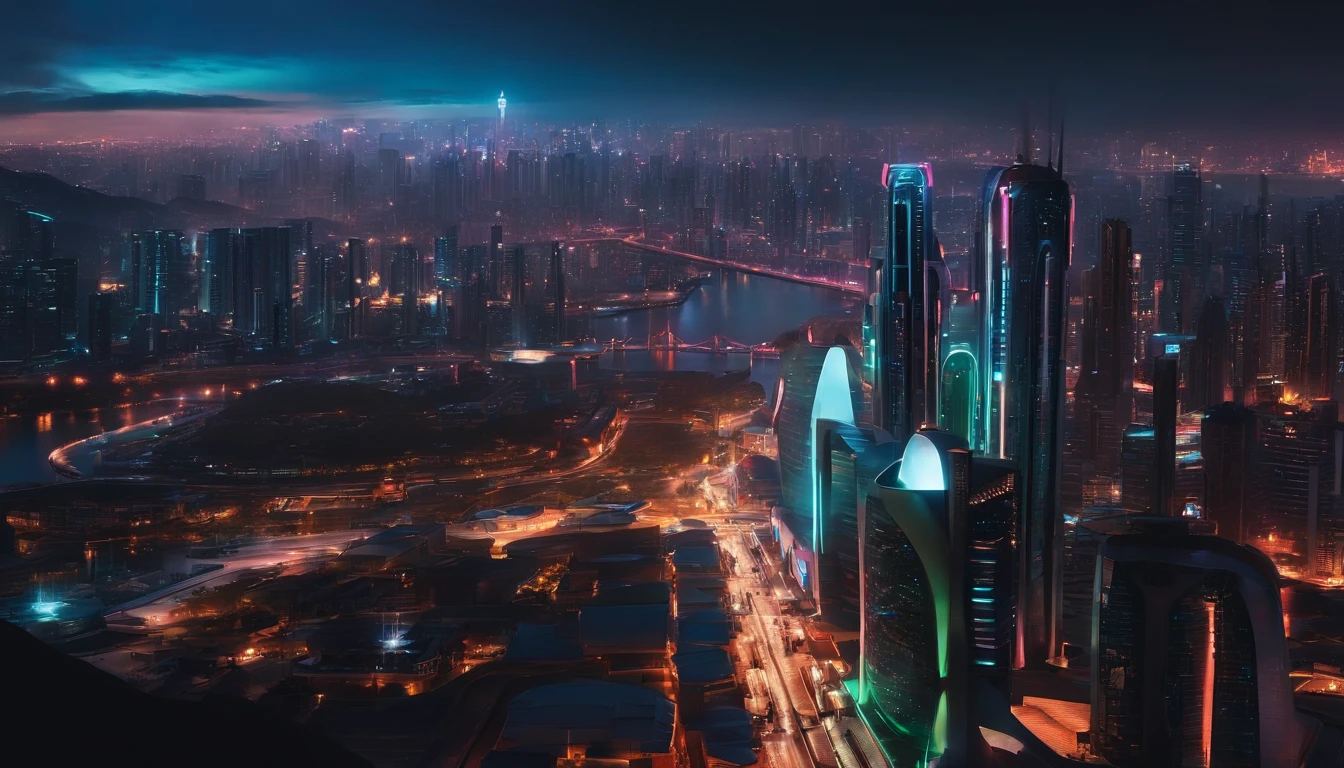 (obra prima) cidade no estilo cyberpunk, illuminated sky, neon light, imagem vista do zero, paisagem ampla, cidade futurista