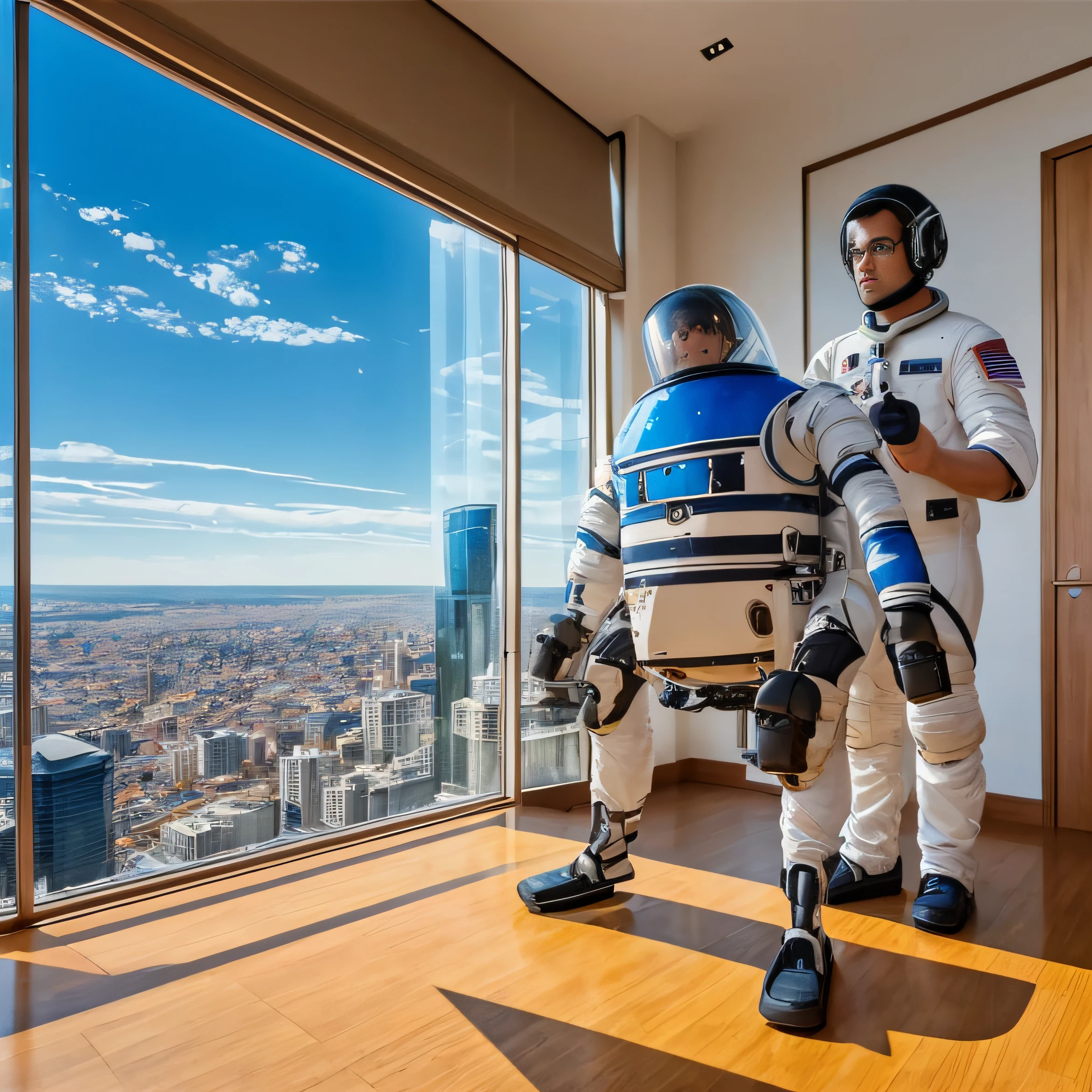 Young astronaut wakes up in a huge bed in a giant room of a skyscraper. description: The room is spacious, Adicionar alto, Large windows in the room in a panoramic view of the scene, com uma cama grande no centro. Grande, Tall windows offer an impressive view of a sunny metropolis. Add a blue sky with clouds in the sky, Add panoramic view to the entire scene, Adicionar tinta foscainspirada em Syd Mead, Adicione hiper-realismo no corpo masculino astronauta, Set well with details fingers and hands, pernas e rosto, well-defined astronaut suit SeaArt Robot Upscaling Standard 16:15:04 Young astronaut wakes up in a huge bed in a giant room of a skyscraper. description: The room is spacious, Adicionar alto, Large windows in the room in a panoramic view of the scene, com uma cama grande no centro. Grande, Tall windows offer an impressive view of a sunny metropolis. Add a blue sky with clouds in the sky, Add panoramic view to the entire scene, Adicionar tinta foscainspirada em Syd Mead, Adicione hiper-realismo no corpo masculino astronauta, Set well with details fingers and hands, pernas e rosto, roupa do astronauta bem definida