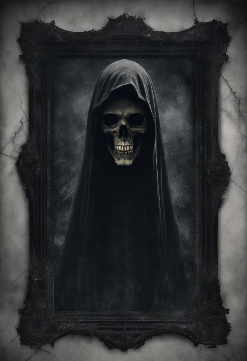 Create a frighteningly detailed and realistic depiction of the hooded figure of Death. The scene is expected to feature a black silhouette with a skull on a face and a skeletal hand holding a menacing sickle. Esta figura sinistra deve ter como pano de fundo uma noite nebulosa iluminada pela luz fria da lua. A imagem deve exalar uma atmosfera sinistra e arrepiante. Use Octane rendering to capture realistic textures and lighting. The resolution should be an impressive 8K, ensuring extraordinary clarity and precision in portraying the sinister aspect of Death.