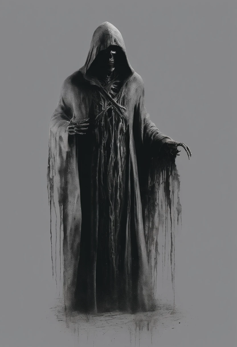 Create a frighteningly detailed and realistic depiction of the hooded figure of Death. The scene is expected to feature a black silhouette with a skull on a face and a skeletal hand holding a menacing sickle. Esta figura sinistra deve ter como pano de fundo uma noite nebulosa iluminada pela luz fria da lua. A imagem deve exalar uma atmosfera sinistra e arrepiante. Use Octane rendering to capture realistic textures and lighting. The resolution should be an impressive 8K, ensuring extraordinary clarity and precision in portraying the sinister aspect of Death.