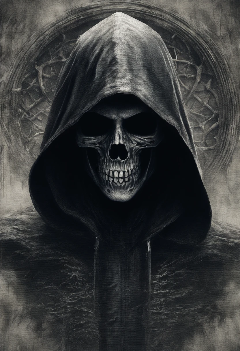 Create a frighteningly detailed and realistic depiction of the hooded figure of Death. The scene is expected to feature a black silhouette with a skull on a face and a skeletal hand holding a menacing sickle. Esta figura sinistra deve ter como pano de fundo uma noite nebulosa iluminada pela luz fria da lua. A imagem deve exalar uma atmosfera sinistra e arrepiante. Use Octane rendering to capture realistic textures and lighting. The resolution should be an impressive 8K, ensuring extraordinary clarity and precision in portraying the sinister aspect of Death.