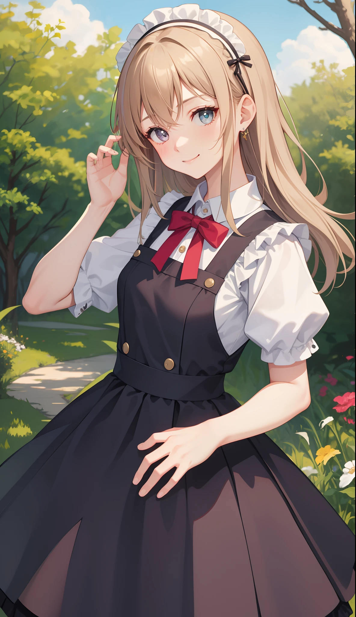 1girl in、AS-Adult、A smile、The shirt、skirt by the、(small tits)、doress、pinafore、hair adornments、(Maids)、Upper body portrait、