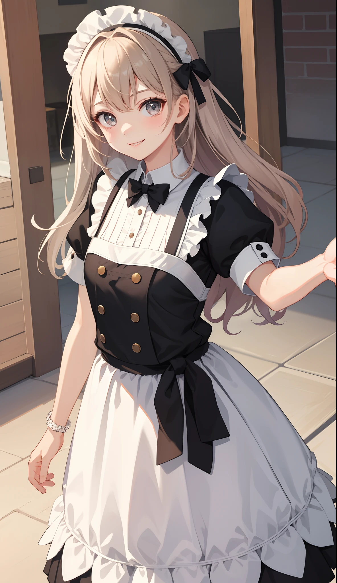 1girl in、AS-Adult、A smile、The shirt、skirt by the、(small tits)、doress、pinafore、hair adornments、(Maids)、Upper body portrait、