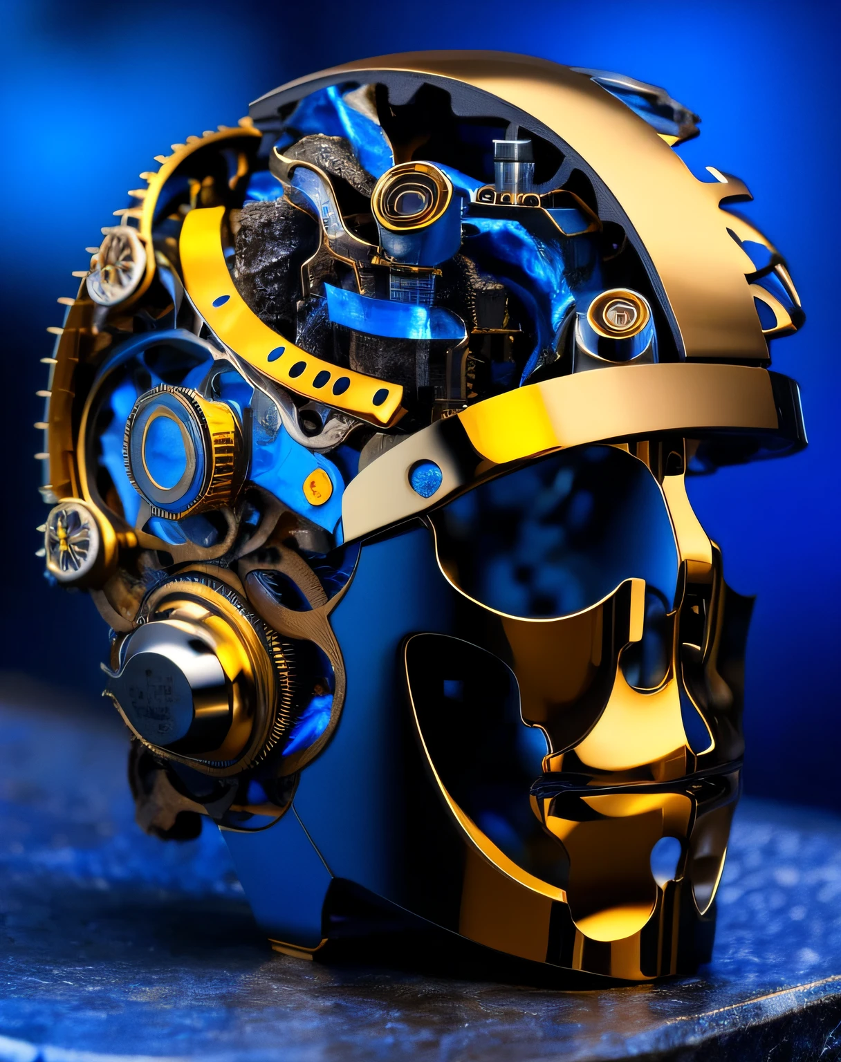 Mechanical brain details in silver and gold metal with electronic devices like cell phone, fones de ouvido, smartwatch, colocado na rocha de lava preta, fundo com caverna azul ambiente,