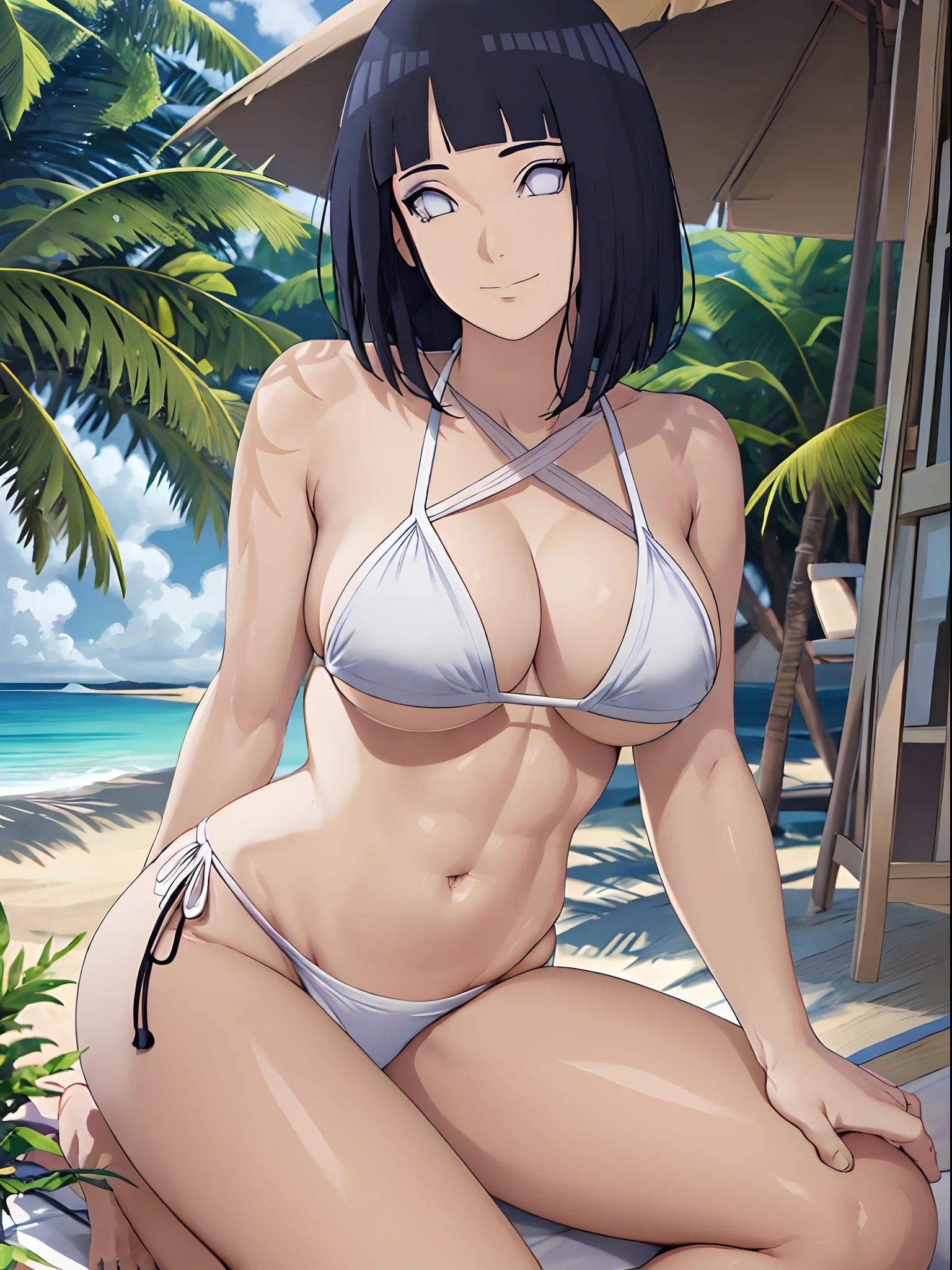 (WALLPAPER, (hinata\(boruto\), (((white string bikini))), masterpiece, 4k, vector coloring, whole body shot, (high color saturation), contrast lighting, mature female, (curvy:0.8), solo, anime style, sharp focus, professional artwork, intricate details, colorful, vibrant colors, vivid colors, digital blending, ultra detailed body, ultra detail hair, ultra detail face, trending on pixiv, very hot colors, (((beach background, outdoors))), detailed bold arm lines, high color saturation, bold lines, bold drawing lines),
(((sitting, folded legs)), (head tilt), closed mouth, kind smile, gentle look),
((dark blue hair color:1.1), wavy hair, ((short hair, hime cut)),
(perfect eyes, white sciera, bright eyes, white eyes, anime eyes, smoky eyeliner, eyeshadow)
(white skin, (fair skin), slender body, milf, perfect face),
(legs, big breasts, off-shoulders, (detailed shoulders, detailed arm lines, little biceps lines)),
(bare shoulders, bare legs, (hand on groin)),