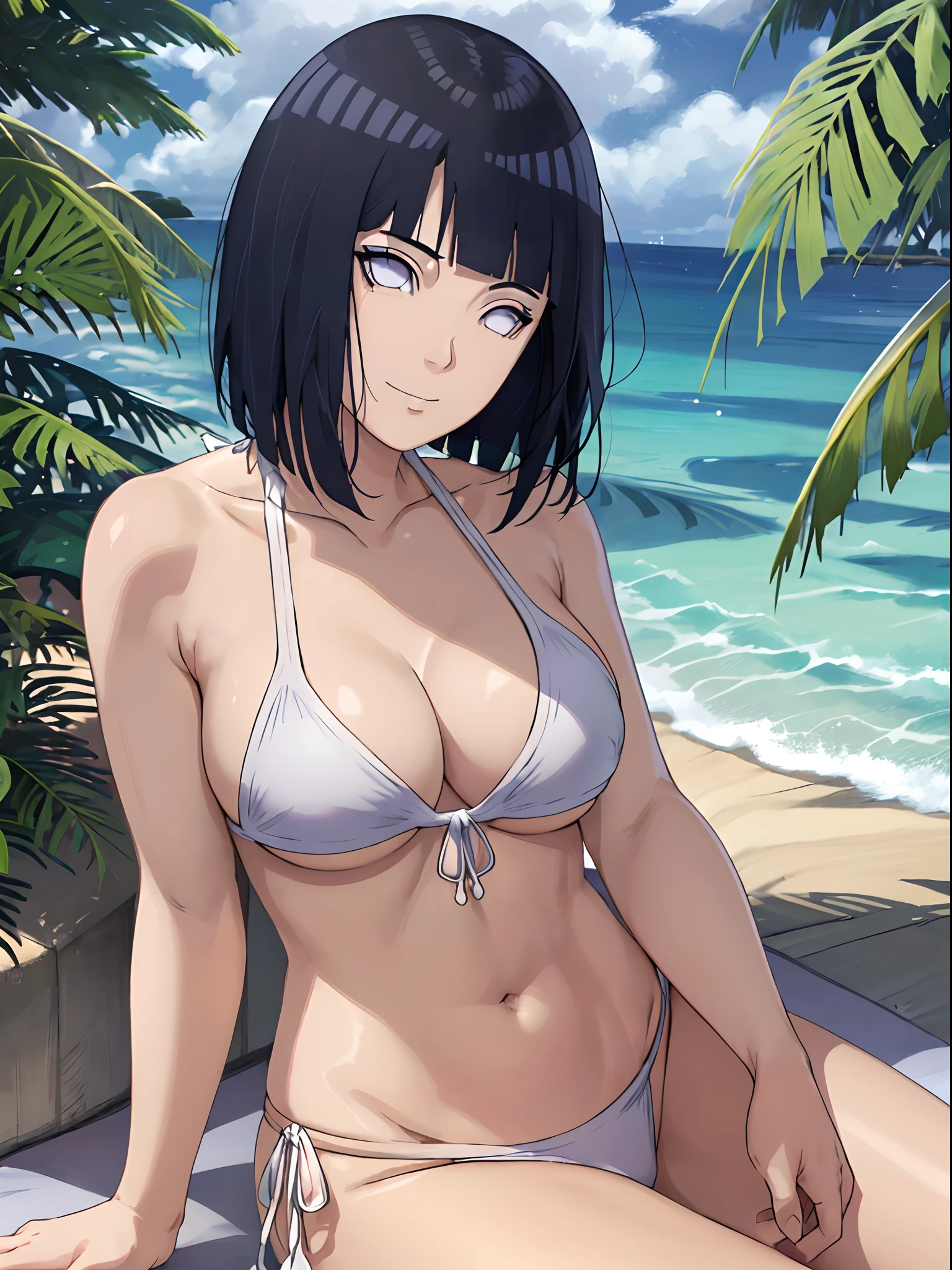 (WALLPAPER, (hinata\(boruto\), (((white string bikini))), masterpiece, 4k, vector coloring, whole body shot, (high color saturation), contrast lighting, mature female, (curvy:0.8), solo, anime style, sharp focus, professional artwork, intricate details, colorful, vibrant colors, vivid colors, digital blending, ultra detailed body, ultra detail hair, ultra detail face, trending on pixiv, very hot colors, (((beach background, outdoors))), detailed bold arm lines, high color saturation, bold lines, bold drawing lines),
(((sitting, folded legs)), (head tilt), closed mouth, kind smile, gentle look),
((dark blue hair color:1.1), wavy hair, ((short hair, hime cut)),
(perfect eyes, white sciera, bright eyes, white eyes, anime eyes, smoky eyeliner, eyeshadow)
(white skin, (fair skin), slender body, milf, perfect face),
(legs, big breasts, off-shoulders, (detailed shoulders, detailed arm lines, little biceps lines)),
(bare shoulders, bare legs, (hand on groin)),