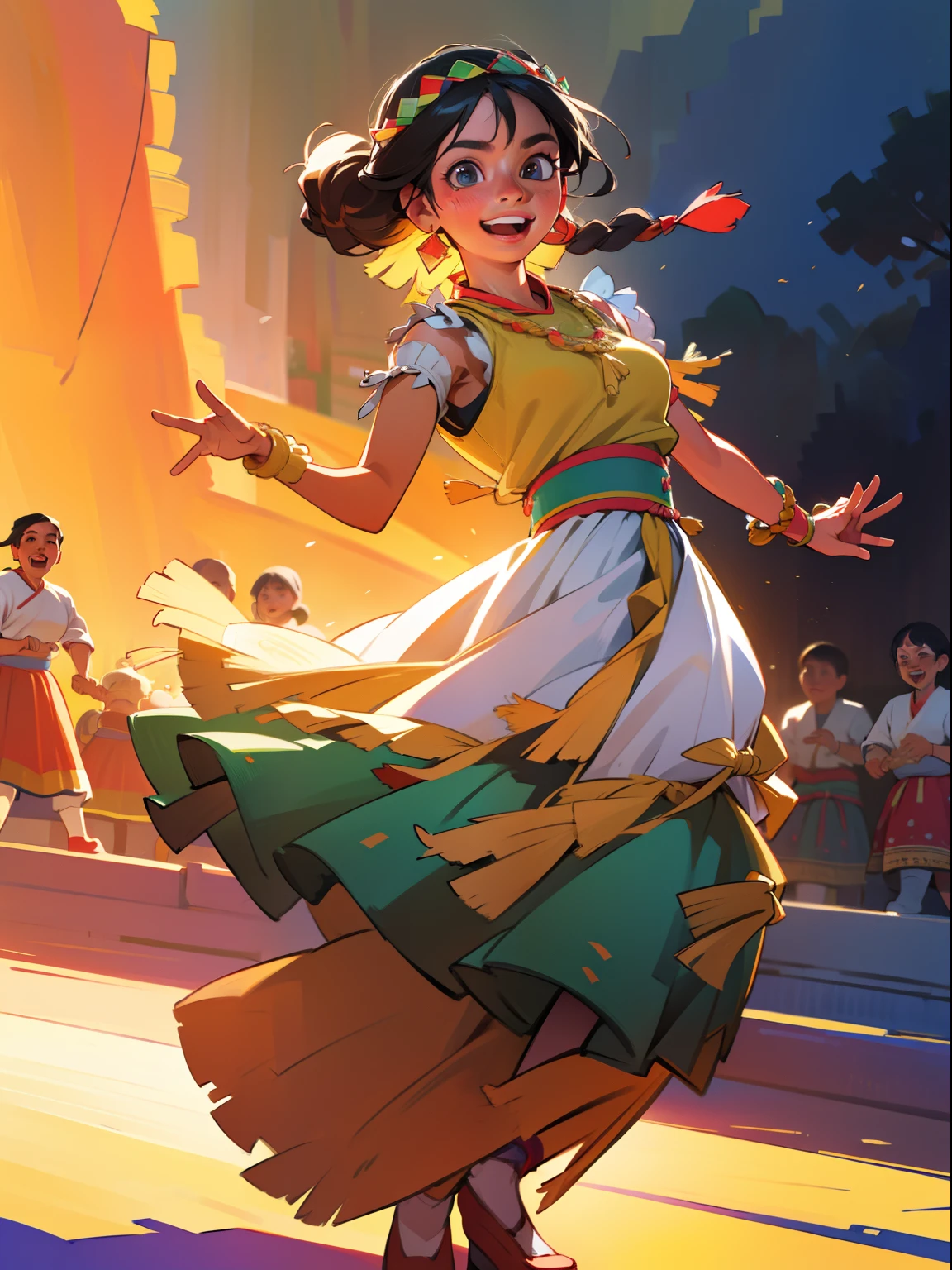 (best quality,4k,8k,highres,masterpiece:1.2),ultra-detailed,(realistic,photorealistic,photo-realistic:1.37),cultural,colorful,eye-catching,portrait,traditional dress,mexican girl,energetic,dynamic,detailed face and expression,beautiful detailed eyes,beautiful detailed lips,braided hair,floral patterns,headpiece with feathers,vibrant colors,rich textures,traditional accessories,smiling face,confident posture,traditional dancing,fiesta atmosphere,joyful celebration,music and movement,proud heritage,graceful movements,traditional mexican backdrop,sunlit scenery,decorated stage,traditional decorations,traditional music and instruments,local street food vendors,folklore,delicious aroma of mexican cuisine,cheerful crowd,feeling of unity and happiness,traditional dances and songs,authentic cultural experience.