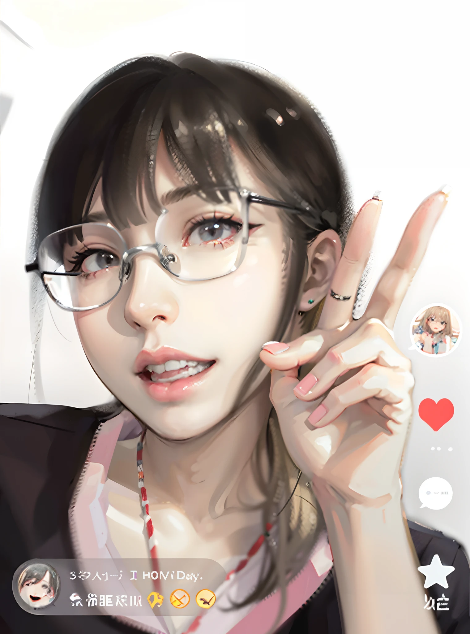 there is a woman with glasses making a peace sign with her fingers, low quality video, 8k selfie photograph, low quality photo, Ruan cute vtuber, very very low quality, Guviz, tiktok video, with index finger, low quality footage, very very low quality picture, very low quality, Instagram filters, Low quality