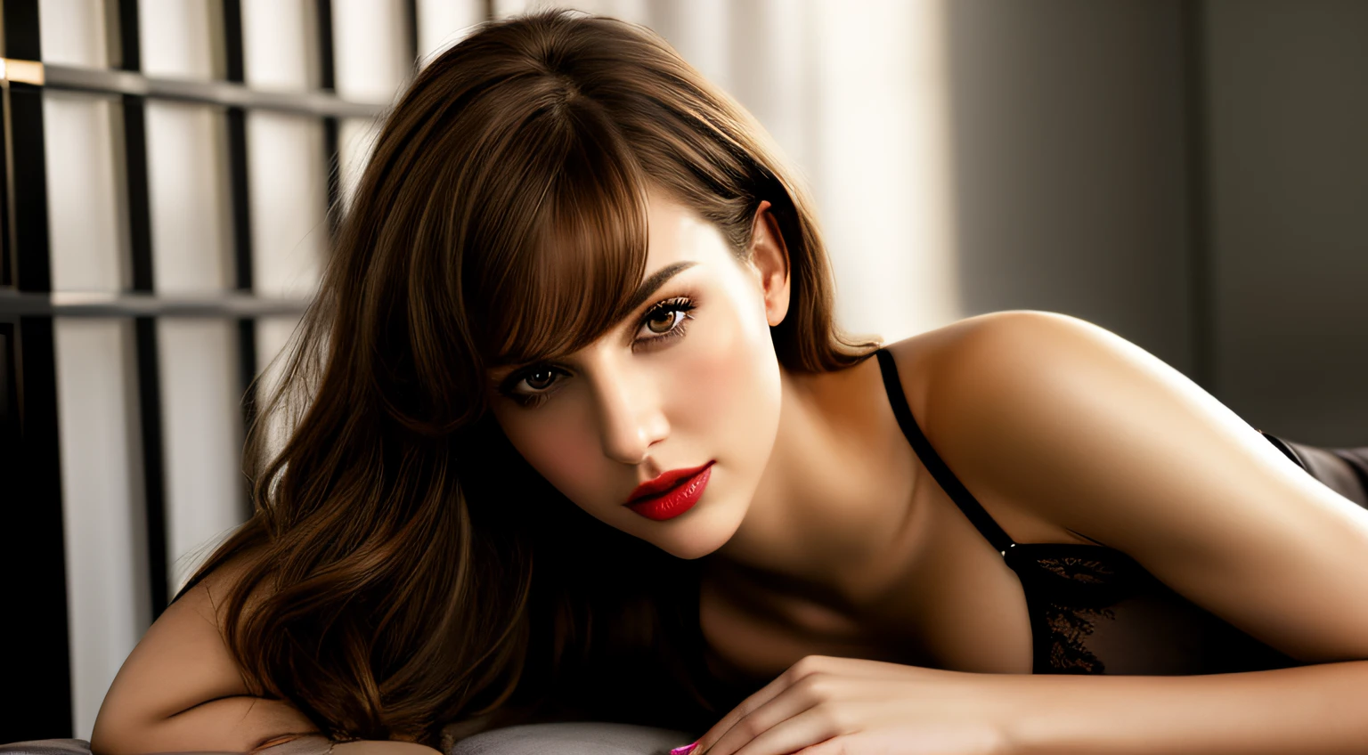 Ultra realistic cinematic soft Rembrandt light and ultra detailed golden hour micro ultra sexy transparent see thru red silk lingerie with garter belt portrait, Best quality, 8K, masutepiece, Ultra HD: 1.3), 1girl 38 year old stunning gorgeous legendary fashion super model in, Light brown hair, Blunt bangs, hair behind ear, hair over shoulders, Long hair, Slender body type, ultradetail face, Delicate lips, moderate breasts, Beautiful eyes, Double eyelids, lipsticks, thin blush ,Black eyes ,perfect glossy shiny skins, Flawless skin,White skin of the,perspired,Invite your gaze, chest,Ultra-thin pointer, Ultra-thin fingers, beautiful legs，moderate breast，revealing nipples，Expose ，we can see the nipples forme，The expression looks sexual，Enjoyed it a lot, [[[[sharp focus in eyes and face]]]], [[[[chest]]]], [[[[neck]]]], [[[[shoulders]]]], [[[[micro red silk lingerie]]]], [[[[moderate breasts]]]], [[[[sexual excitement]]]], [[[[provocative pose]]]], [[[[perfect define detailed skin and body]]]], ((((cinematic look)))), SEX, SEX, SEX